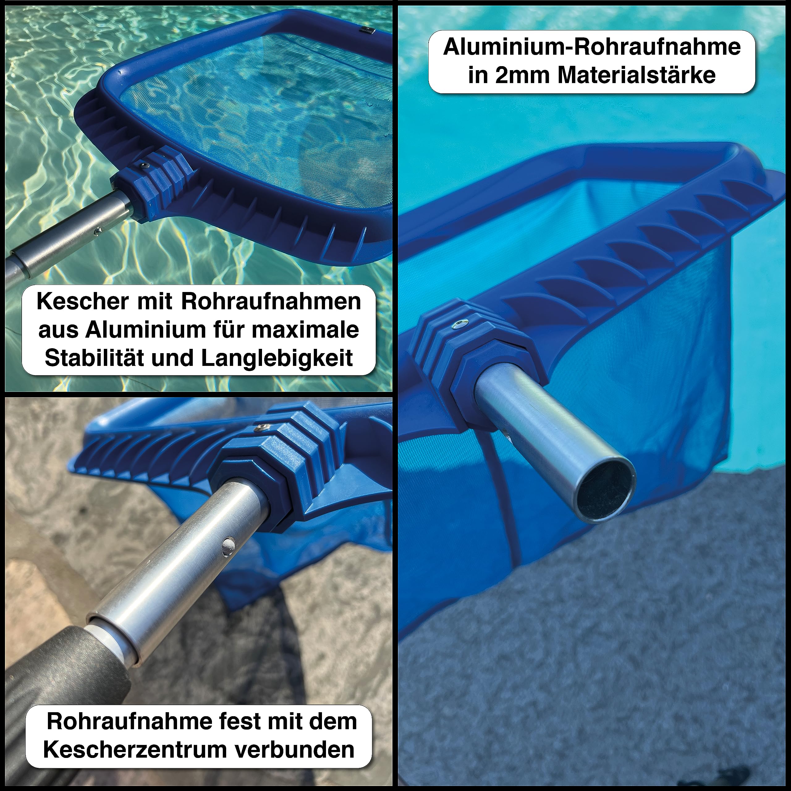 FenWi 4m Komplett Set zur Poolreinigung und Teichreinigung / 2X Kescher und 2X Bürste/Teleskopstange mit Oberflächenkescher Tiefenkescher Poolbürste Teichbürste