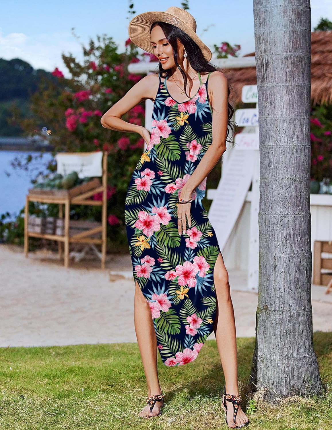 Zeagoo Women's Casual Sundress Summer Maxi Sleeveless V Neck Split Boho Beach Dress Travel Vacation Dress with Pockets - Image 5