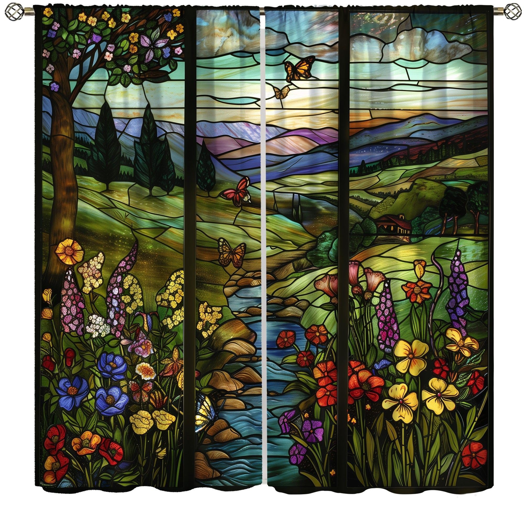 Stained Glass Window Curtains,Mid Century Vintage Landscape Boho Floral Botanical Bedroom Living Room Window Treatments Drapes 42" W X 45" L
