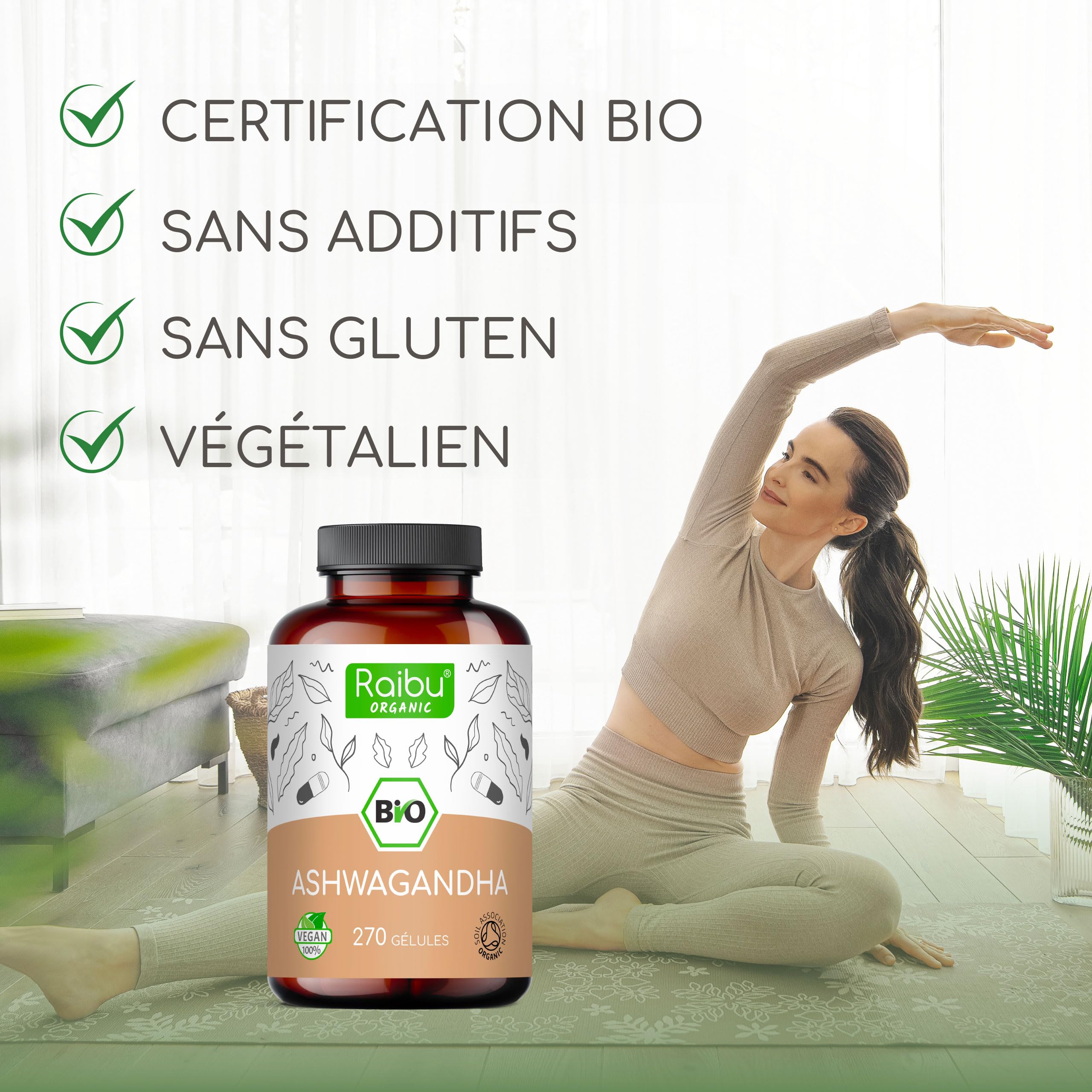 Ashwagandha BIO - 270 Gélules - Extra Fort : 2400 mg/jour - Ashwagandha Biologique Certifiée (Ginseng Indien/Withania Somnifera) - Sans Additifs, Végétalien - Pour votre Bien-être - Raibu
