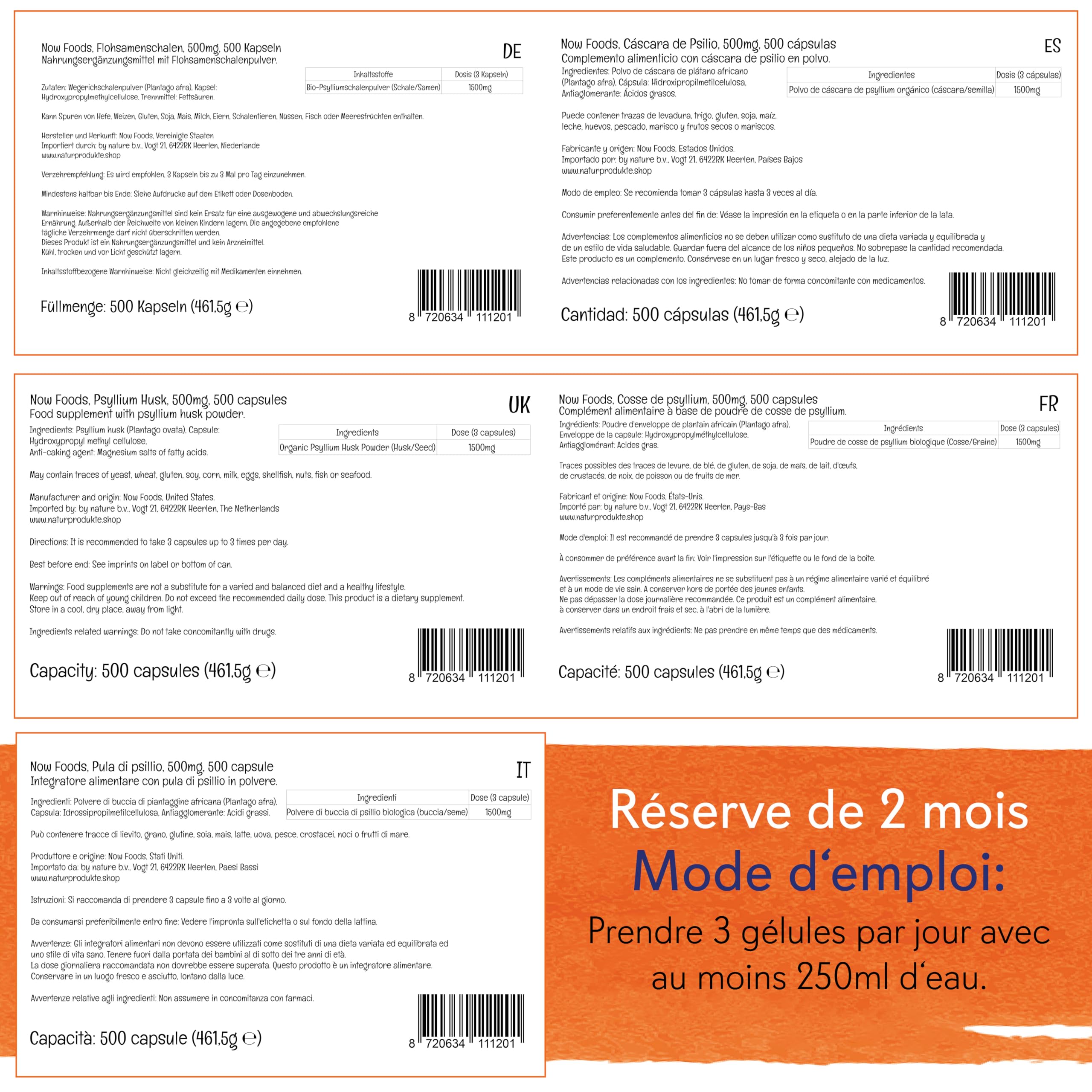 Now Foods, Psyllium Husk Caps (Tégument de Psyllium), 500mg, 500 Capsules végétaliennes, Sans Gluten, Sans Soja, Végétarien