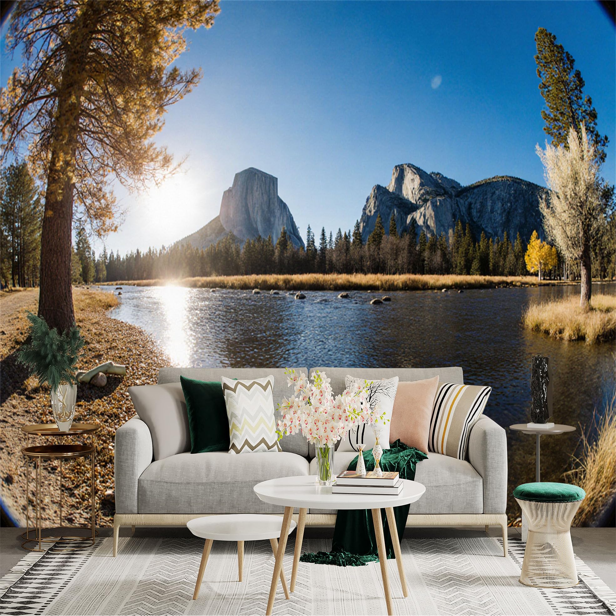 Custom Size Wall Sticker Mural， Scenic Mountain Landscape， Serene River Flowing， Golden Hour Sunlight， Pine Forest View， for wall Decoration， peelandstick wall Decals.