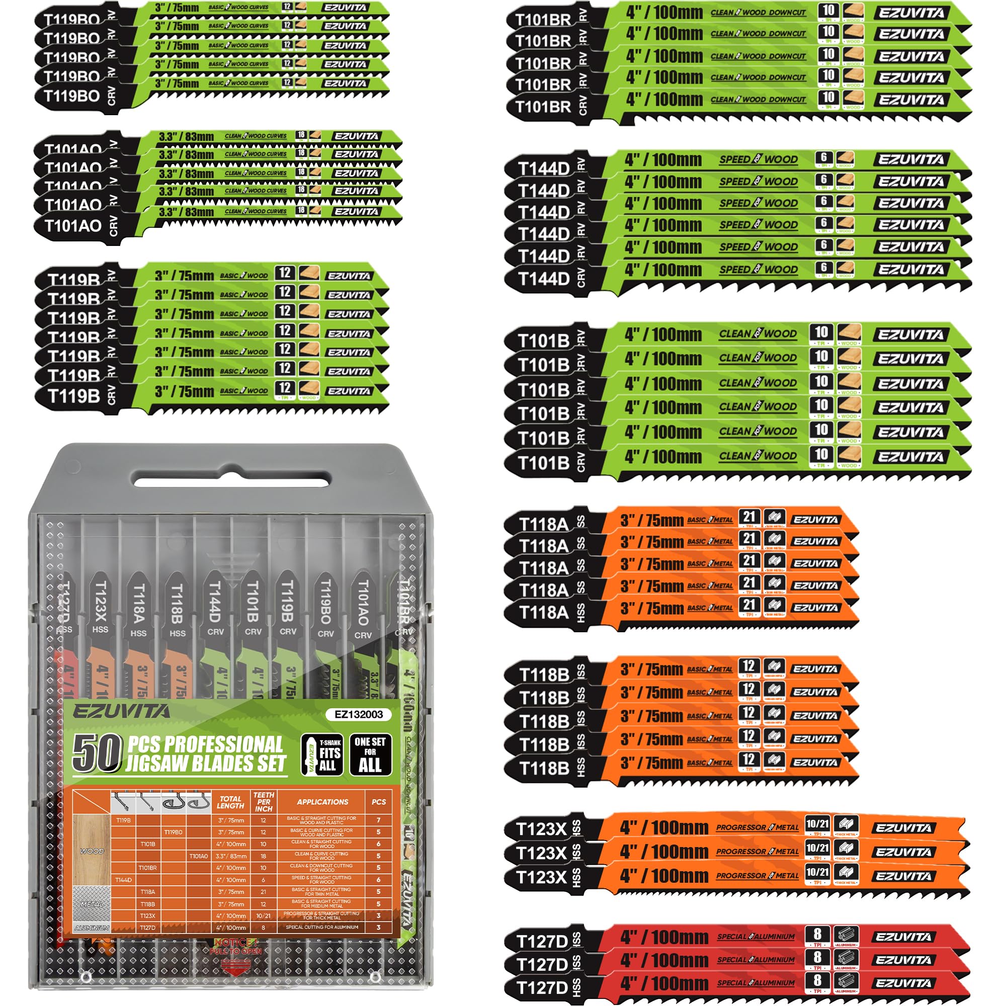 EZUVITA 50-Piece Jigsaw Blades Set with Storage Case–CR-V&HSS Steel, Assorted T-Shank Replacement Jig Saw Blades for Cutting Wood, Plastic and Metal