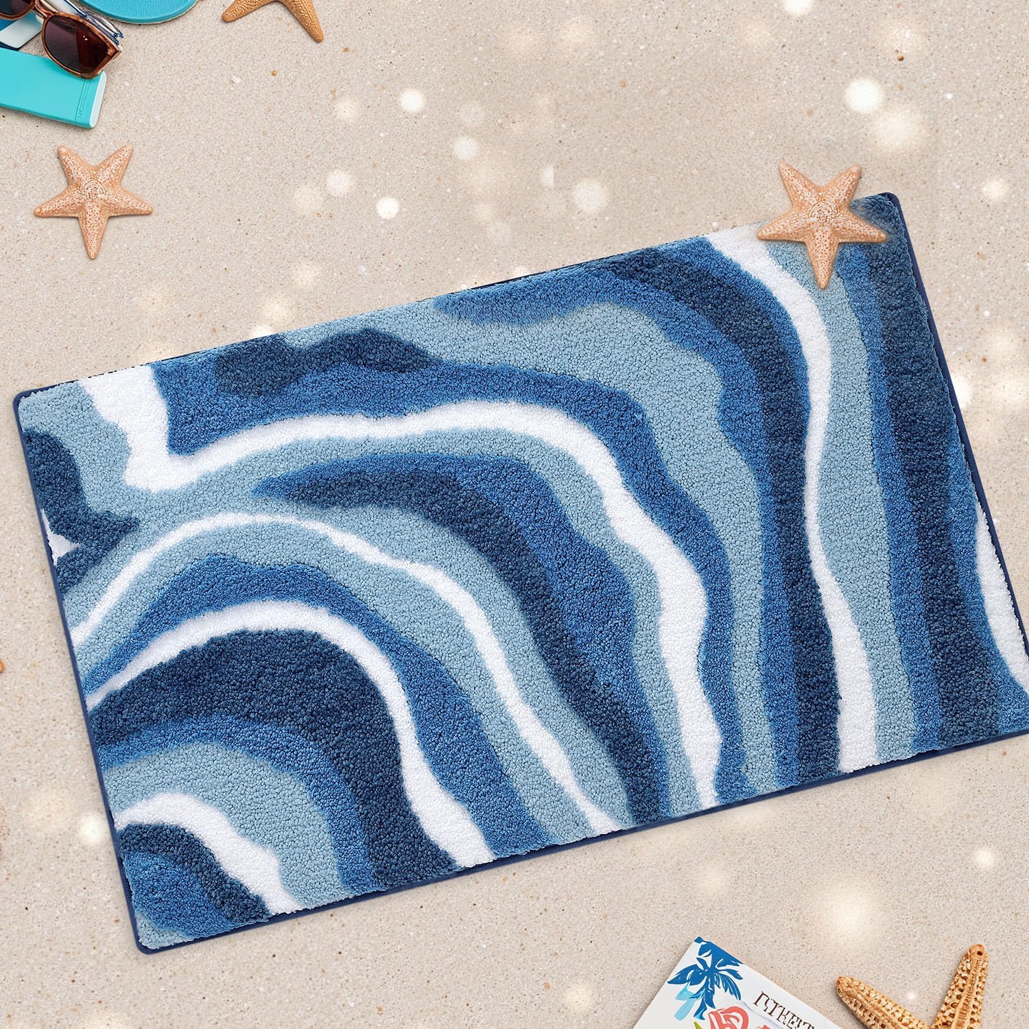 LUMI Absorbent Bathroom Rug Non Slip Rubber Backing, Machine Washable Wave Bath Mat Soft Premium Microfiber, Beach Bath Rugs Quick Dry for Bathtub and Shower Floor, 20"x32"