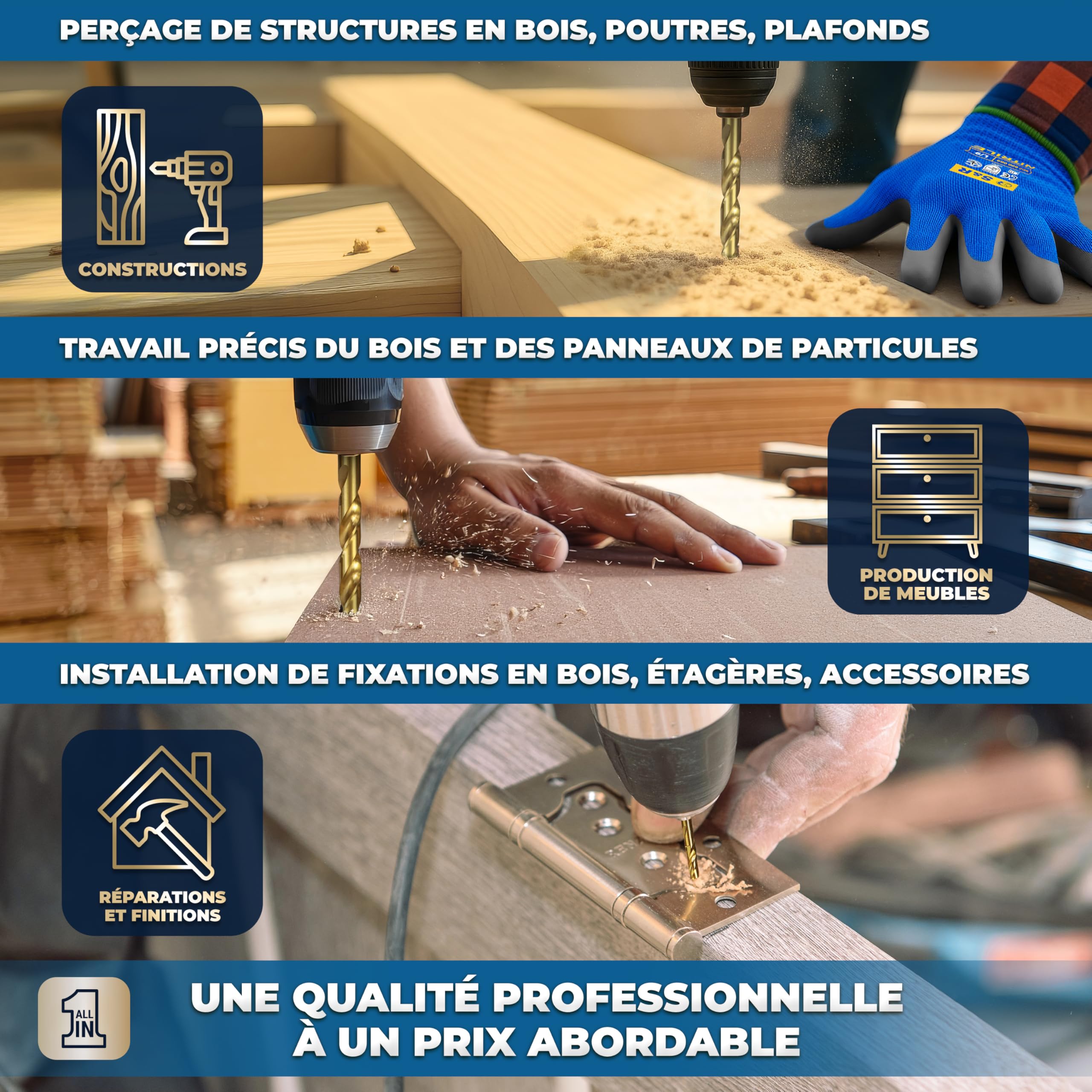 S&R Coffret Forets à Bois Professionnels 25 pcs 1-13mm en acier HSS 4241 revêtu en Titane. Forets pour perceuse à main et à colonne