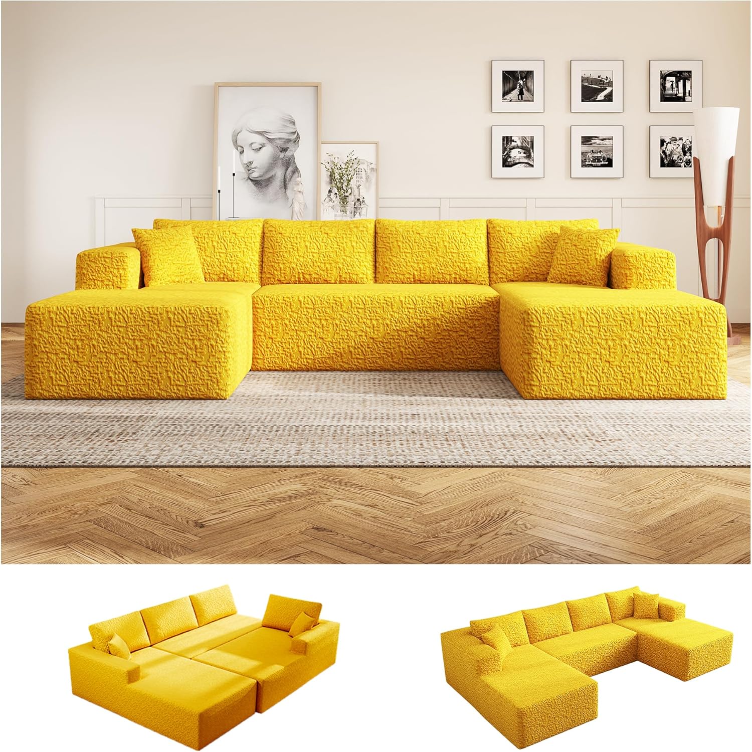 140" U-Shaped Modular Sectional Sofa for Living Room,3 Seater Cloud Sectional Couch with Chaise Lounge,Deep Seat with Pillows,No Assembly Required (Yellow)