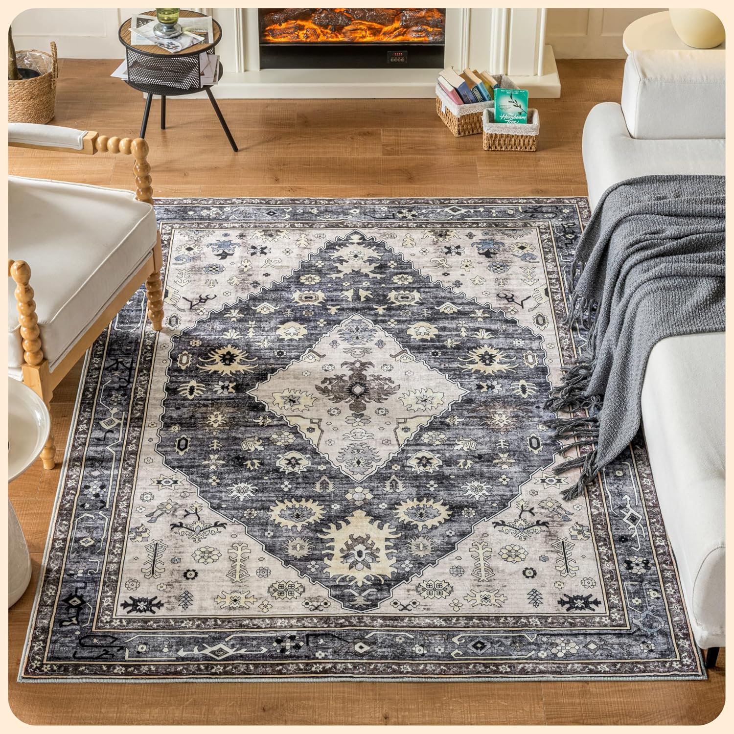 Istana Dark Grey Blue/Rose Mauve Foldable Non Slip Non Shedding Washable 5x7 Microfiber Eco Friendly Area Rug 5X7 Dark Grey Blue / Rose Mauve