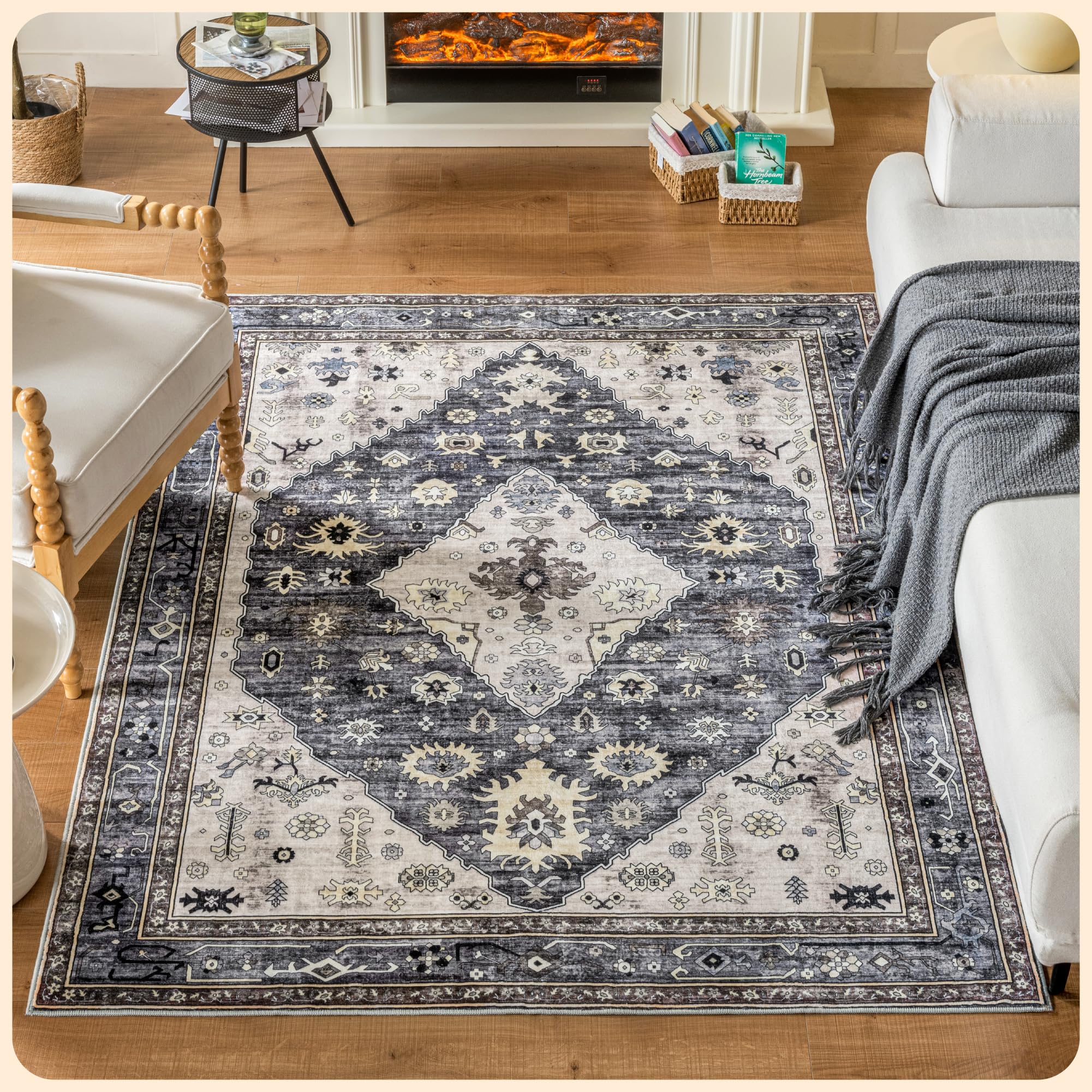 Istana Rugs 5x7 - Dark Grey Blue/Rose Mauve Rug - Foldable 5x7 Area Rugs Non Slip - Non Shedding Area Rugs 5x7 - Washable Rugs 5x7-5 x 7 Rugs w/Soft Microfiber - Eco Friendly Materials Area Rug