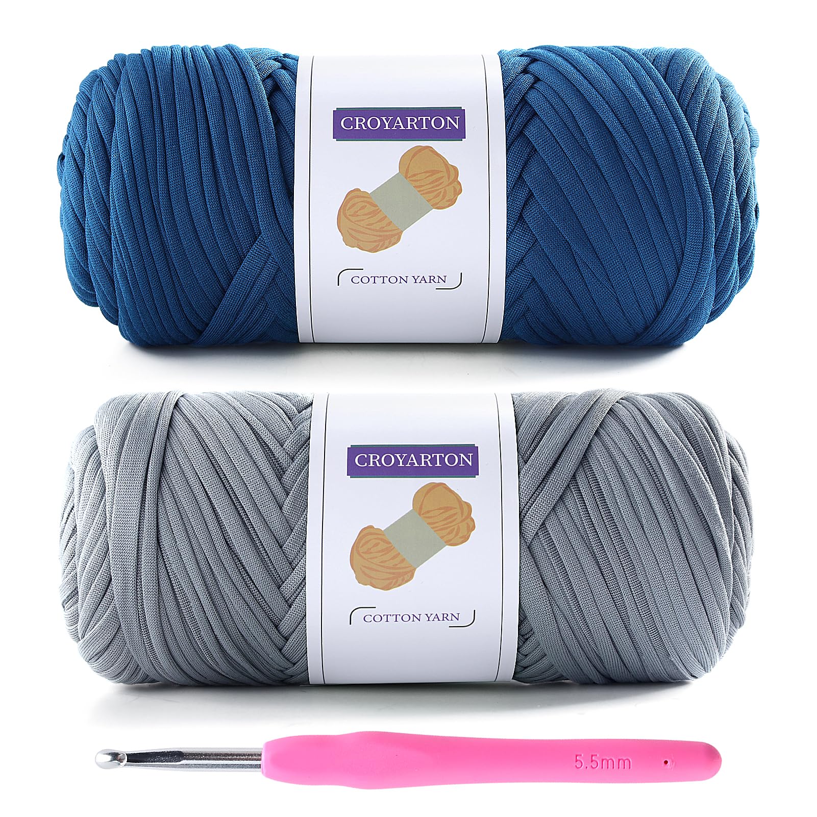 2 Pack Tshirt Yarn for Crocheting, Elastic T Shirt Spaghetti Thick Knitting Yarn Total Length 130 Yds for Crochet Bag Baskets Home Decor with 1 Crochet Hook (Light Gray+Dark Blue)