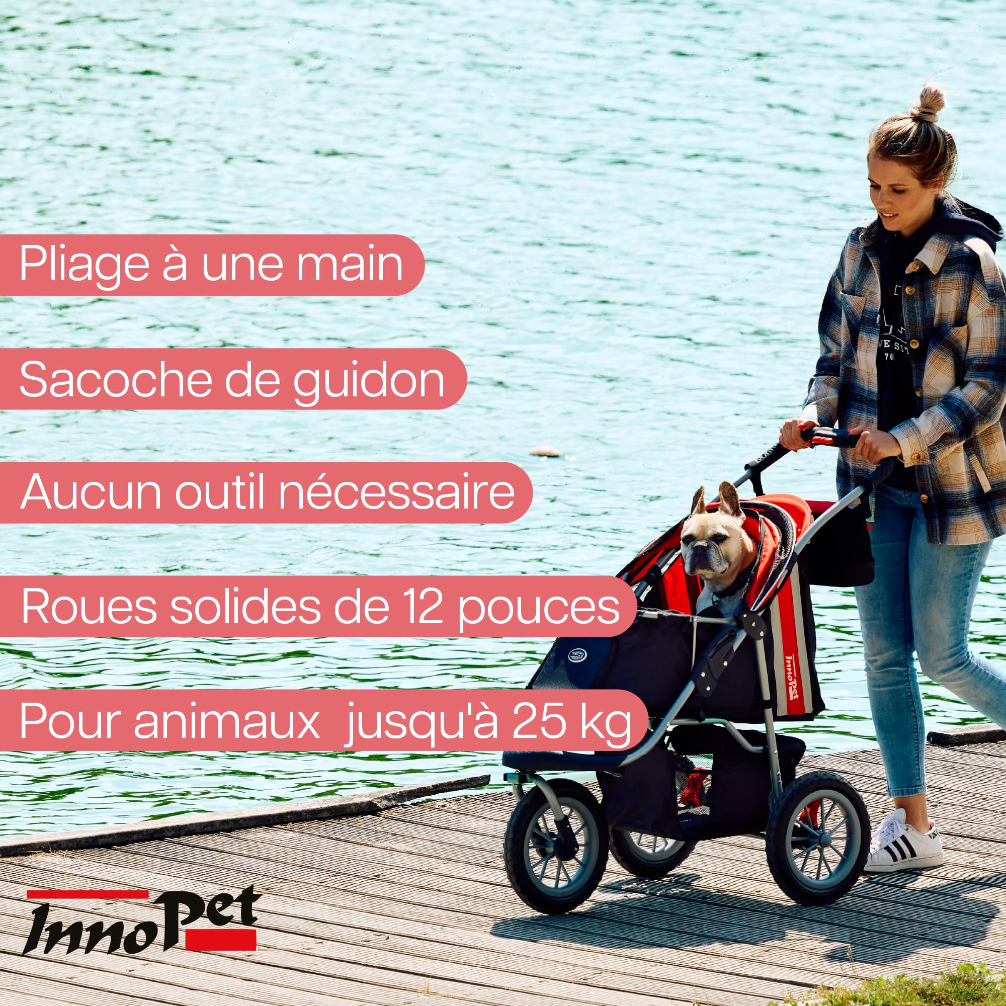 Innopet Comfort Efa Eco Rouge/Noir - Poussette pour chiens et chats pliable d'une seule main, capacité de 25 kg, roues anti-crevaison, panier de rangement et conception à 3 roues facile à installer.