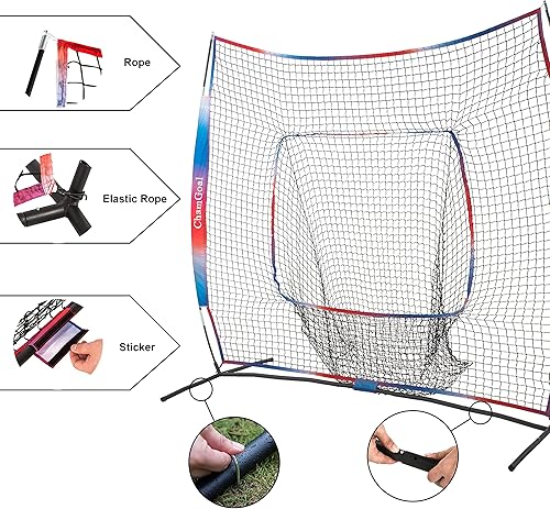 Miniatura 4 de ChamGoal Red de béisbol y sóftbol degradado de 7 x 7 pies para golpear y lanzar, red de práctica de béisbol portátil para batear con bolsa de