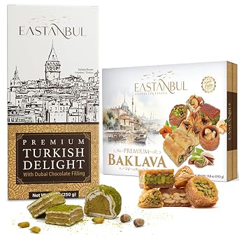 Eastanbul Premium Turkish Delight with Dubai Chocolate Filling and Baklava Gift Set, Authentic Turkish Baklava Gift Box, Valentines Day or Celebration Gift Set