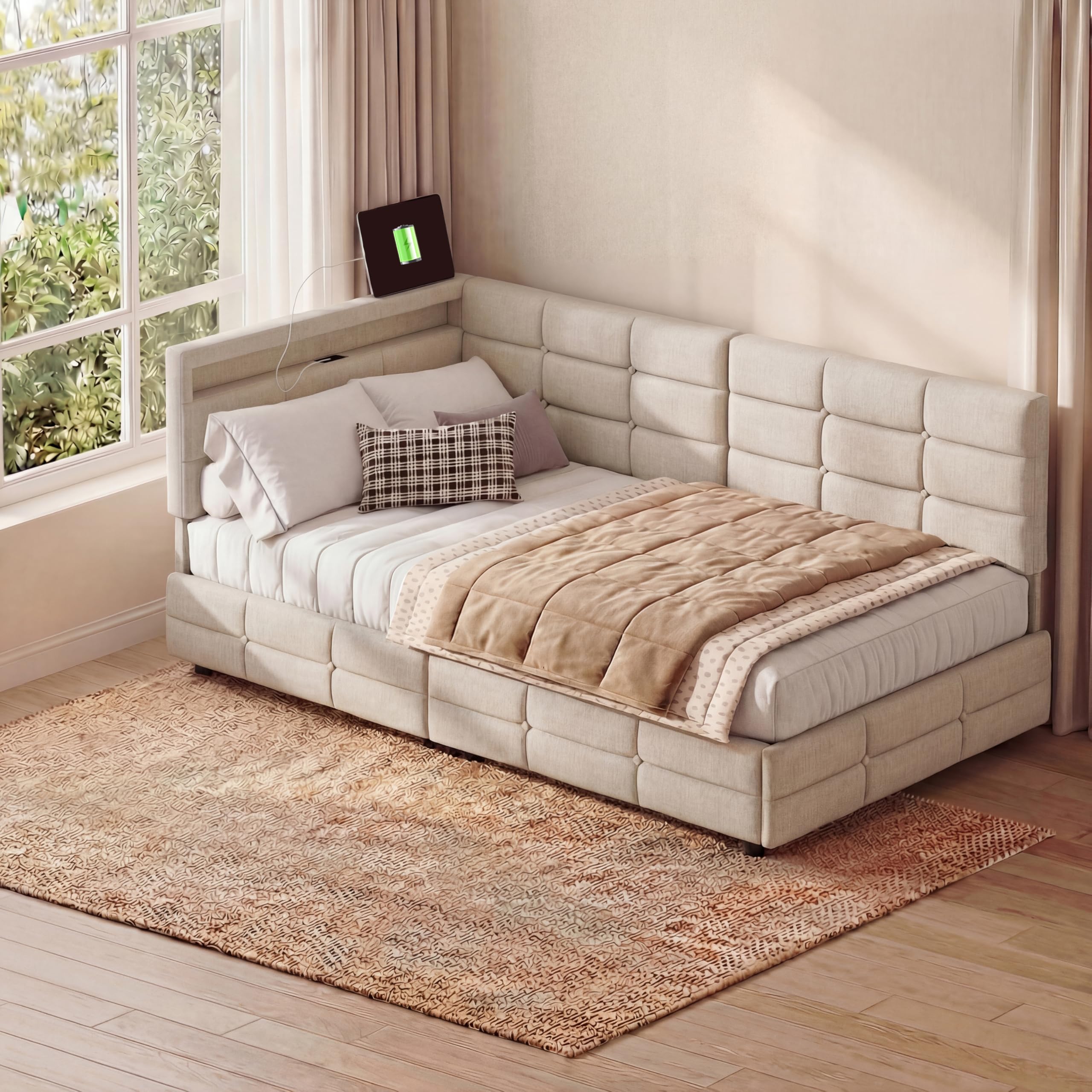 Polsterbett Schlafsofa 90x200 mit LED-Beleuchtung & USB-Ladestation, Jugendbett Tagesbett mit Stauraum & 2 Schubladen, Gästebett Bettgestell mit Lattenrost, Leinen Beige