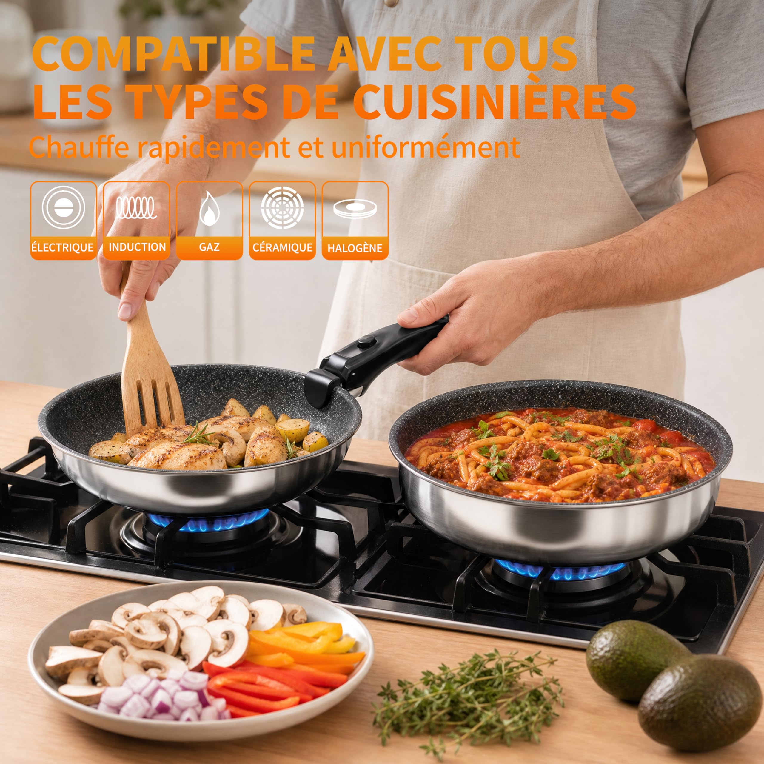 Kiseely Set of 3 Removable Stainless Steel Frying Pans with Cold Handle and Removable Handle, Non-Stick Coating, Suitable for Induction & Oven, Dishwasher (SW2)