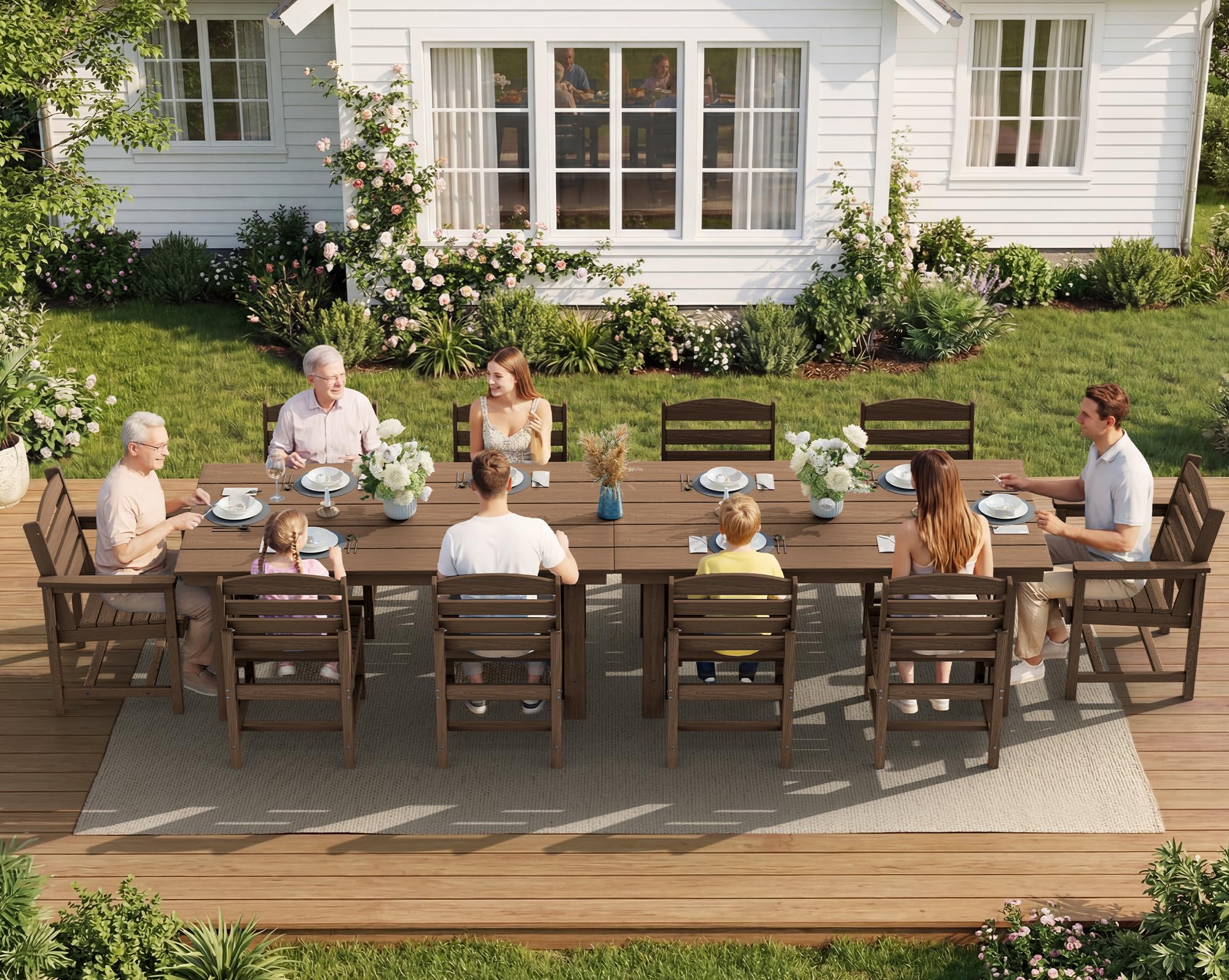 SERWALL Patio Dining Sets for 10 Person, HDPE Dining Set with 2 Tables, 8 Armless Chairs and 2 Armed Dining Chairs, Brown