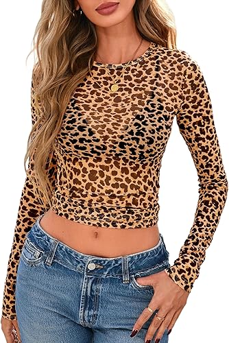 PRETTYGARDEN Women's Mesh Long Sleeve Top 2025 Trendy Fall See Through Sheer Blouse Leopard Fitted Going Out Layering Shirts