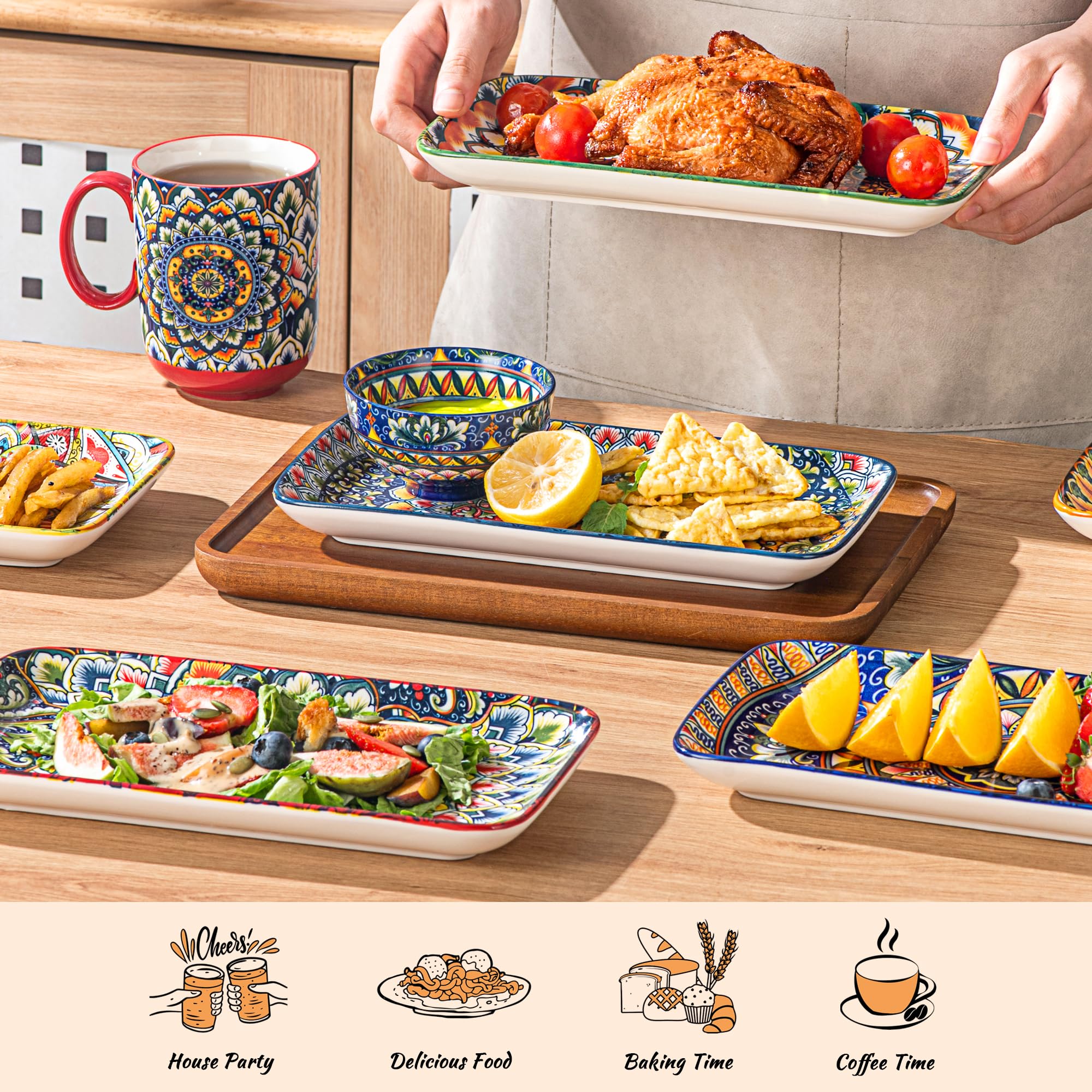 Platos Rectangular, Bandeja para Servir 6 Unidades - 25,5 cm, Platos para Aperitivos, Sushi, Frutas, Ensaladas, Microondas, Horno y Lavavajillas - Multicolor