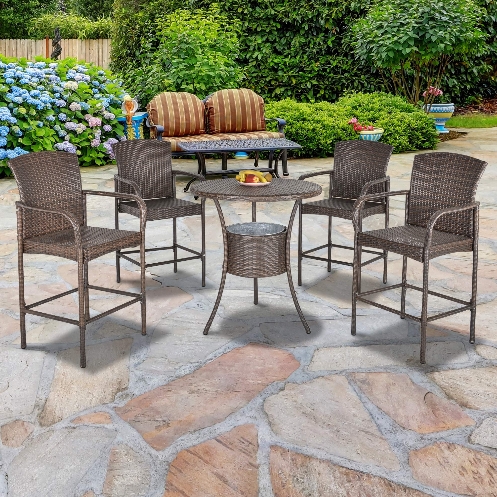 Outsunny Set 5 Pezzi Tavolino con 4 Sedie da Giardino Alte in Rattan Sintetico con Secchiello per Ghiaccio, Marrone