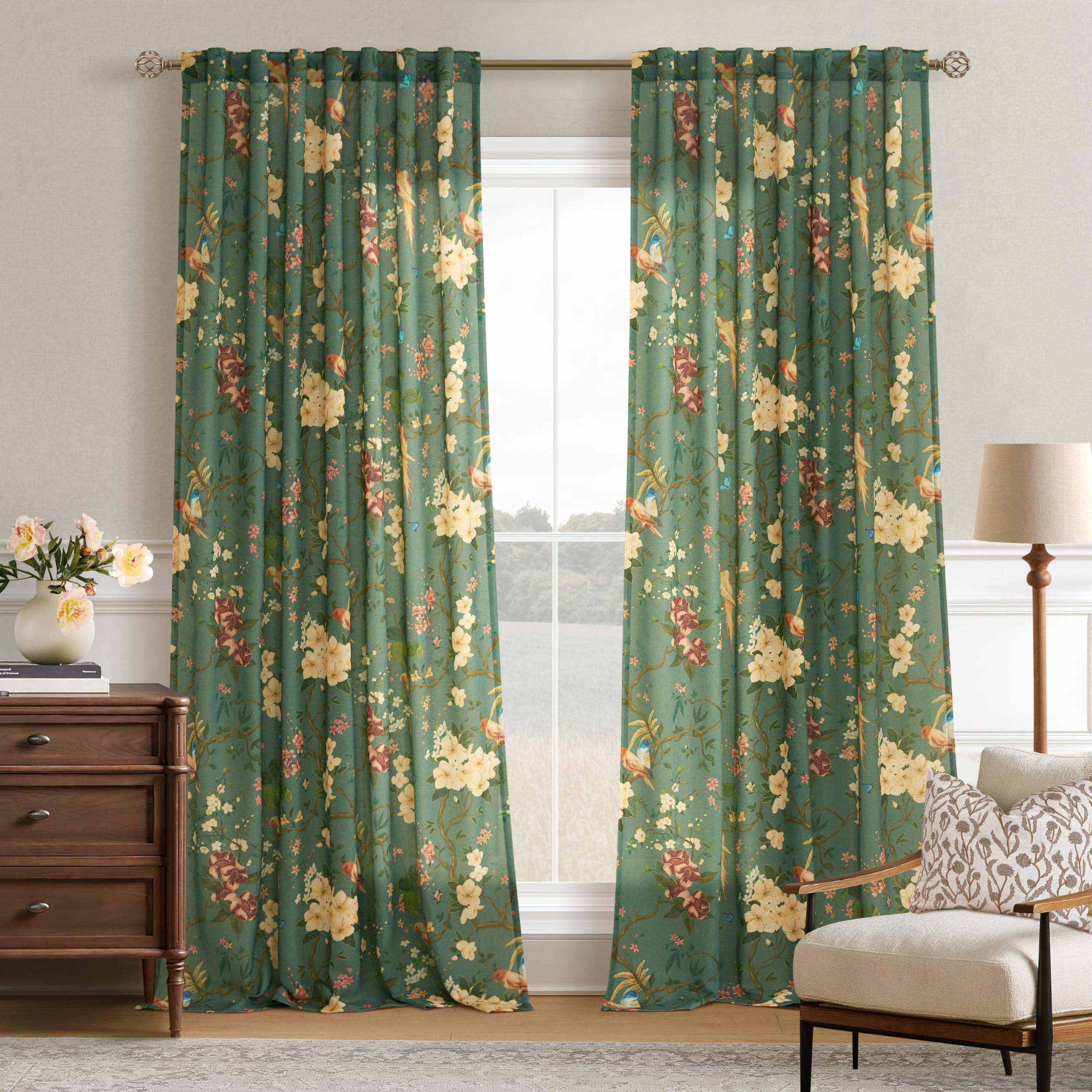120 Inch Dark Olive Green Floral Bird Curtains for Living Room 2 Panels Set Back Tab Rod Pocket Vintage Light Filtering Flower Patterned Print Linen Blend Extra Long Drapes for Dining Room Bedroom