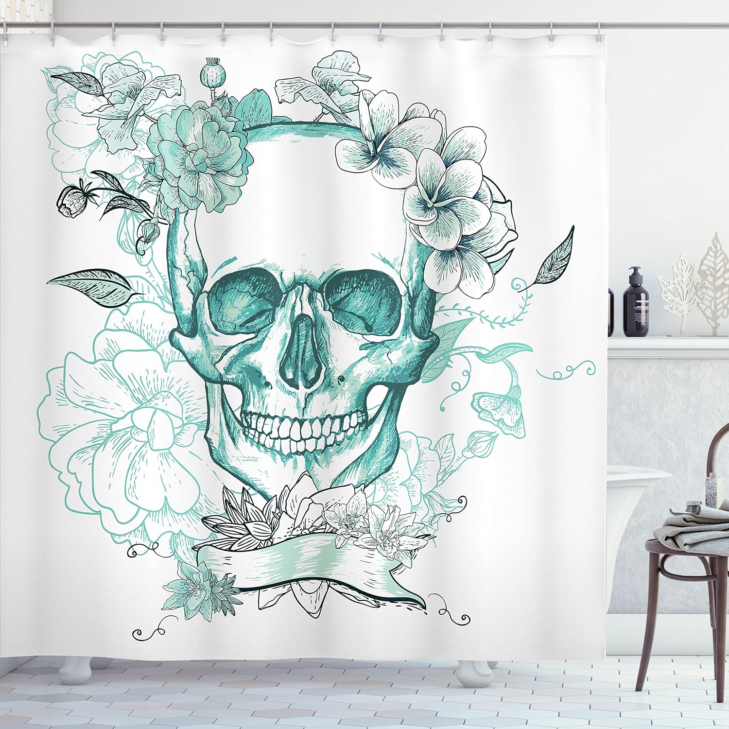 Ambesonne Grunge Shower Curtain, Skull and Flowers Day of The Dead Mexican Traditional Celebration Symbolic Art, Cloth Fabric Bathroom Decor Set with Hooks, 69" W x 75" L, Seafoam Ivory