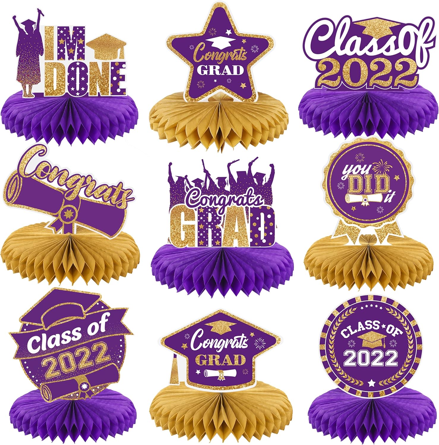 Purple and Gold Graduation Centerpieces 9pcs, Purple and