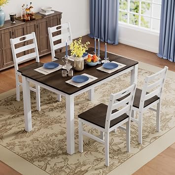 PHI VILLA 5-Piece Dining Room Furniture Dining Table with 4 Chairs Solid Wood Dining Set Kitchen Table Set for Living Room Kitchen and Dining Room Dark Walnut & White