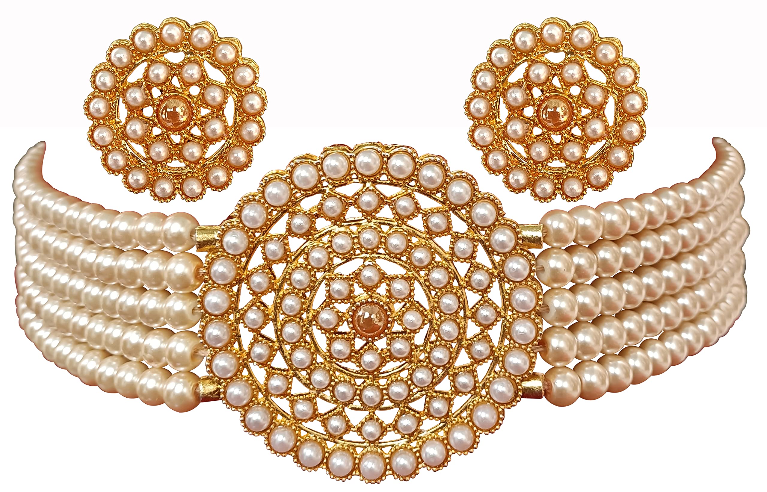 Gold Stylish Pearls Traditional Earring & Necklace choker Set For Women