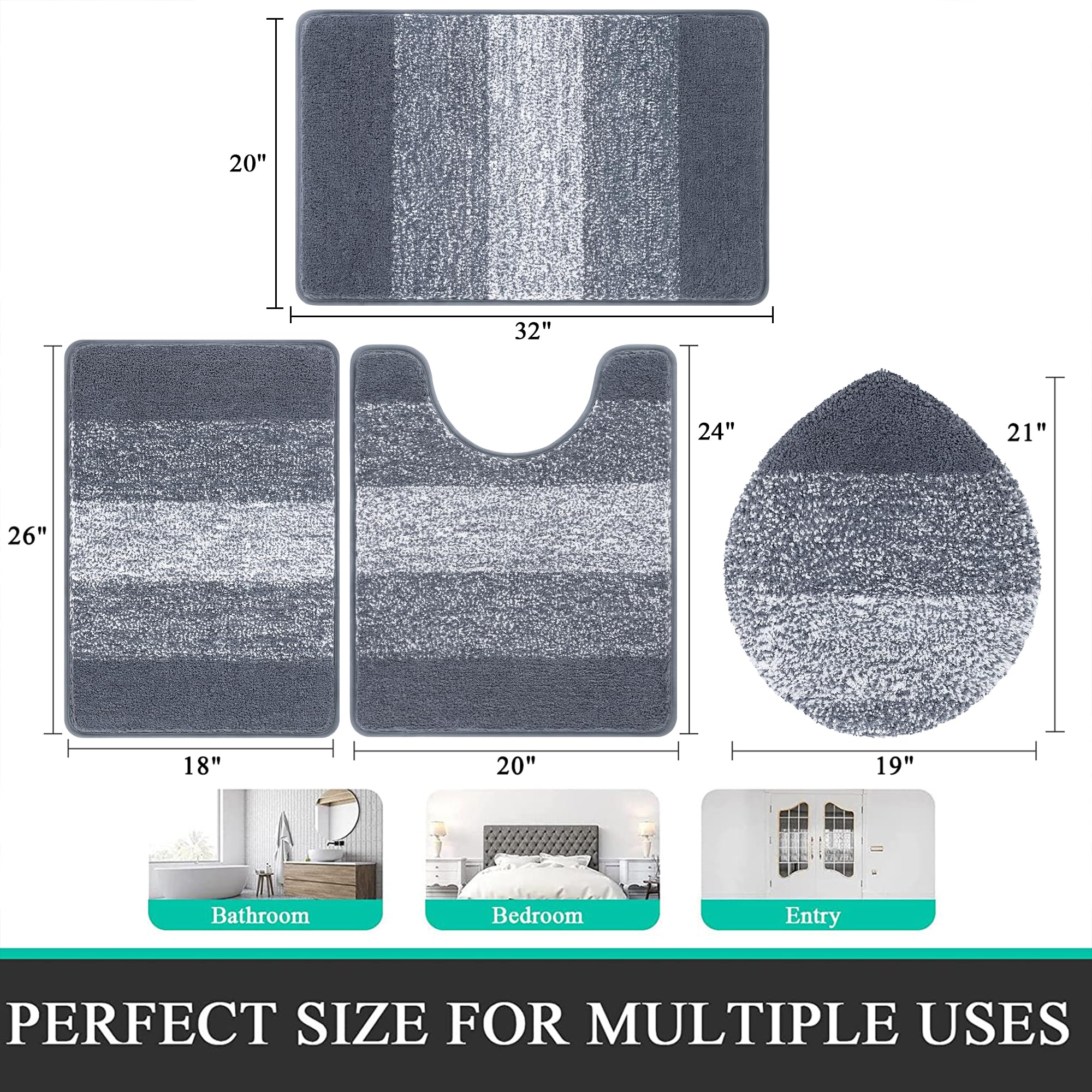 Bsmathom Juego de 4 tapetes con cubierta de inodoro, de microfibra lanuda de felpa, antideslizante, lavable a máquina, tapete de baño con contorno en forma de U para bañera y ducha, color gris oscuro