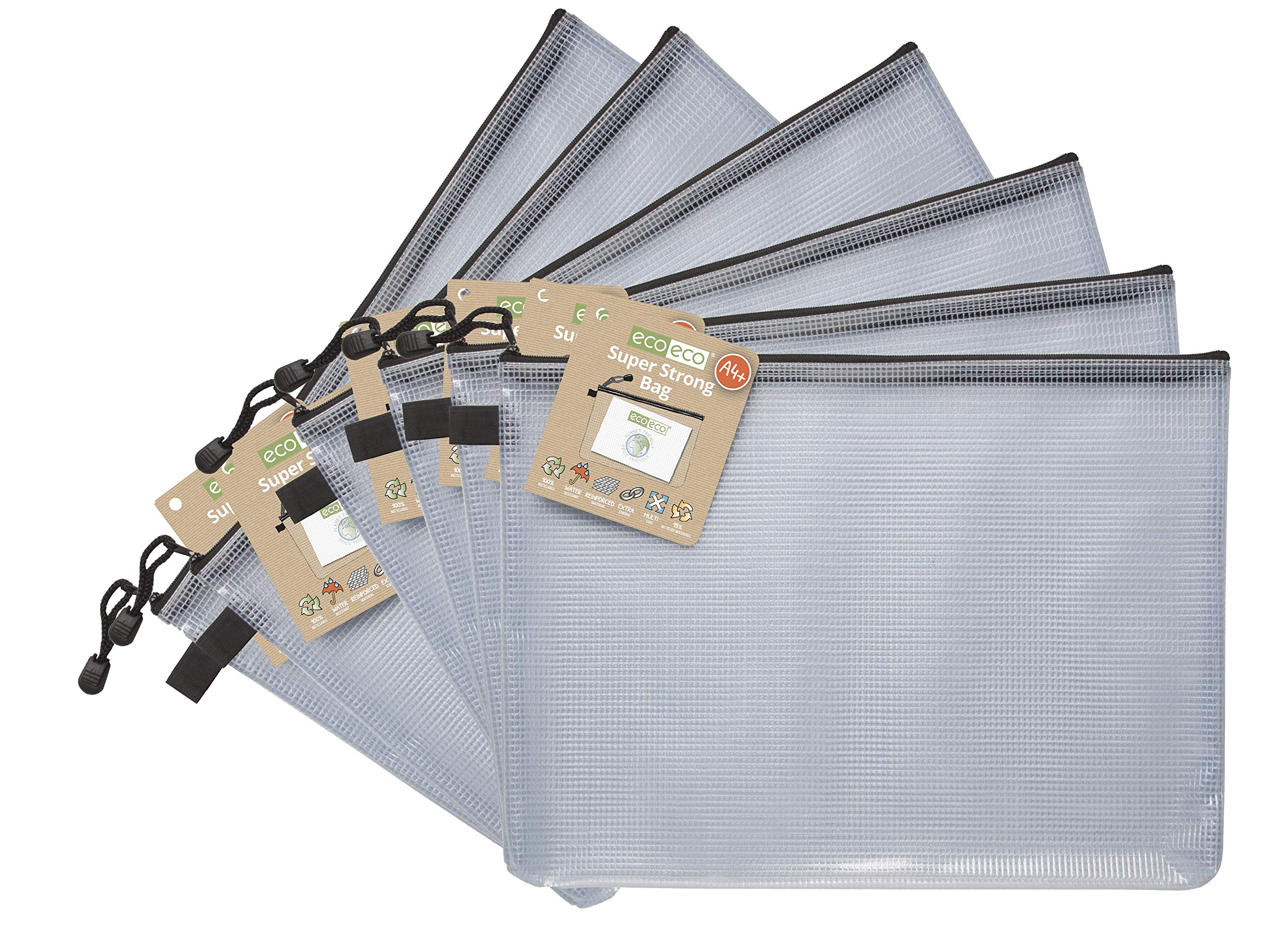 eco-ecoA4+ 95% Recycled Super Strong Bag, Waterproof Mesh Tuff Bag, Reinforced, Black Zip Closure (Pack of 6)