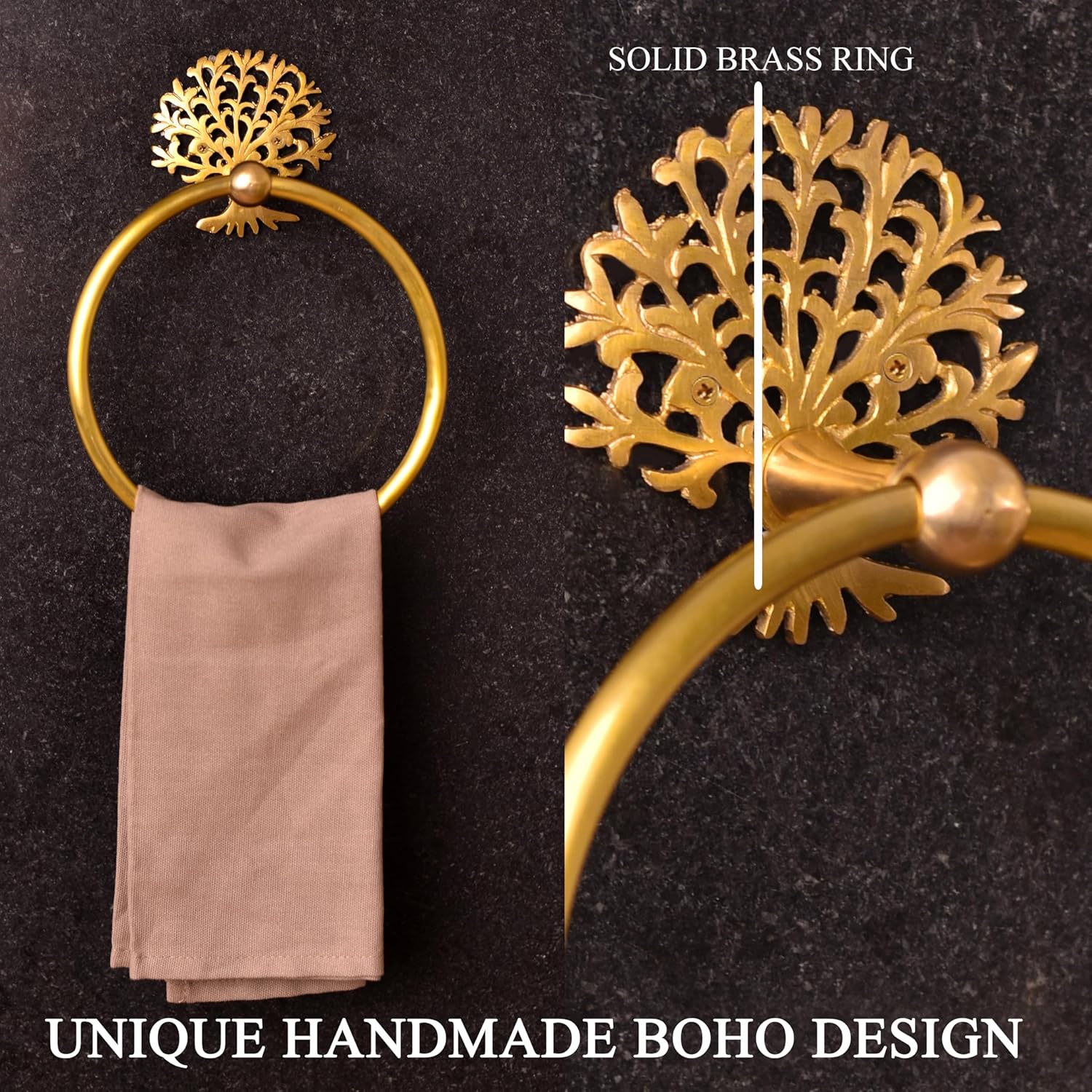 IndianShelf Premium 2 Pieces Tree Brass Towel Ring- Antique Gold Towel Ring- Gold Hand Towel Holder for Bathroom- Tree Bathroom Towel Hook- Vintage Wall Hooks- Decorative Wall Mounted Hooks