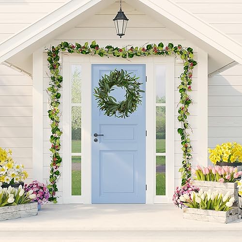 Vista 31 de Corona artificial de otoño para puerta principal, corona con hojas de eucalipto naranja y hojas de roble para casa de campo, interiores