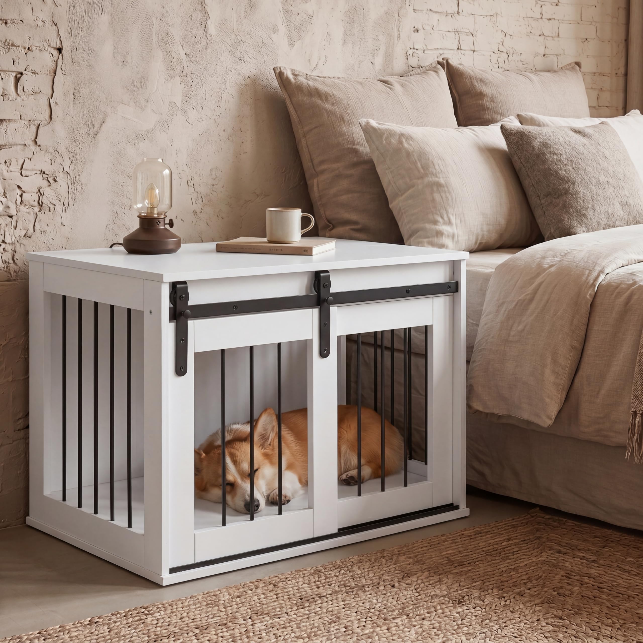 DREAMADE Hundekäfig für Zuhause, Hundebox Holz & Metall (Weiß) | Hundekäfig Möbel mit abschließbarer Schiebetür, Hundeschrank als Beistelltisch für kleine & mittelgroße Hunde, für Wohnzimmer