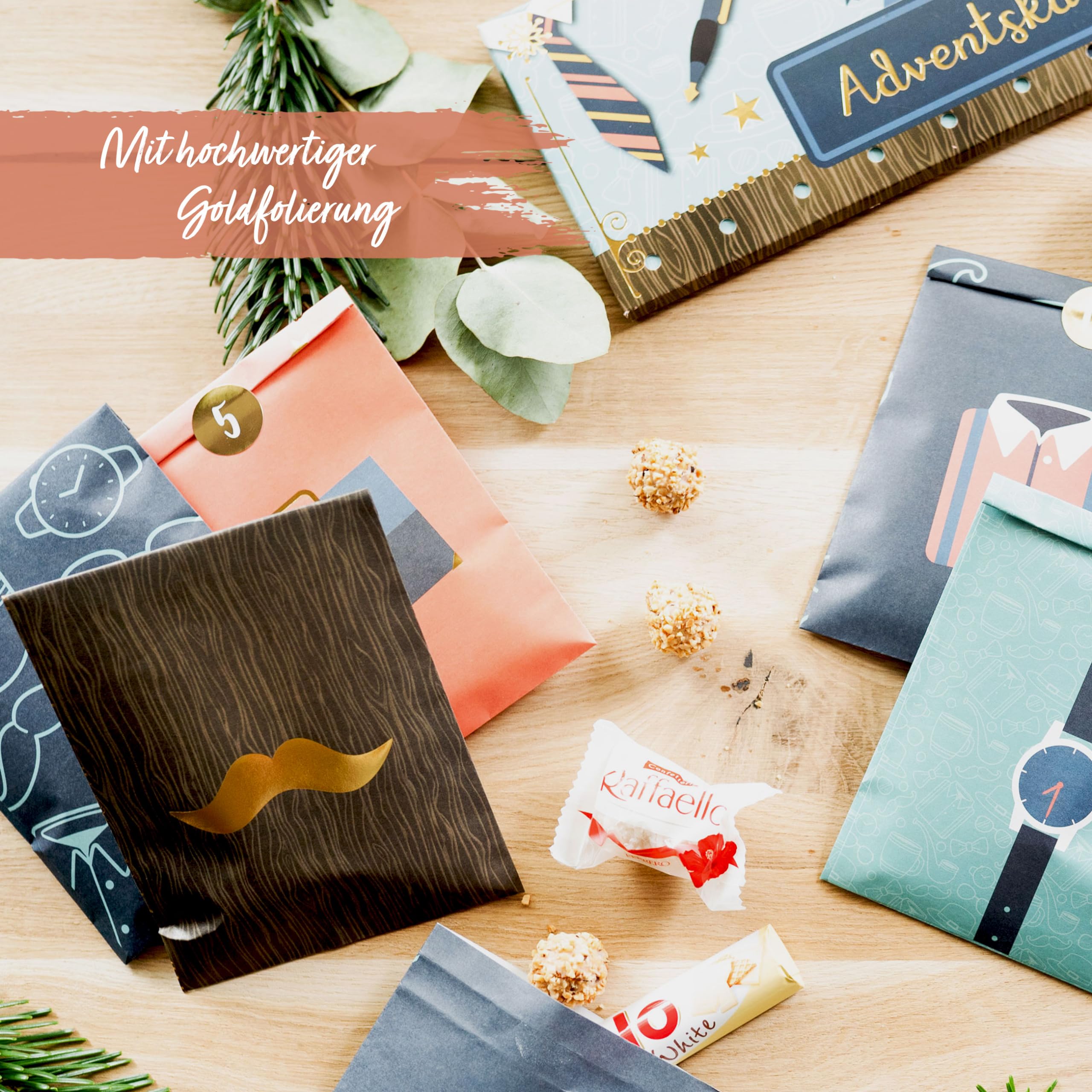 Papierdrachen Advent Calendar for the Husband, 24 Paper Bags in 4 Different Designs and 24 Stickers, Extraordinary Gift Idea - Image 3
