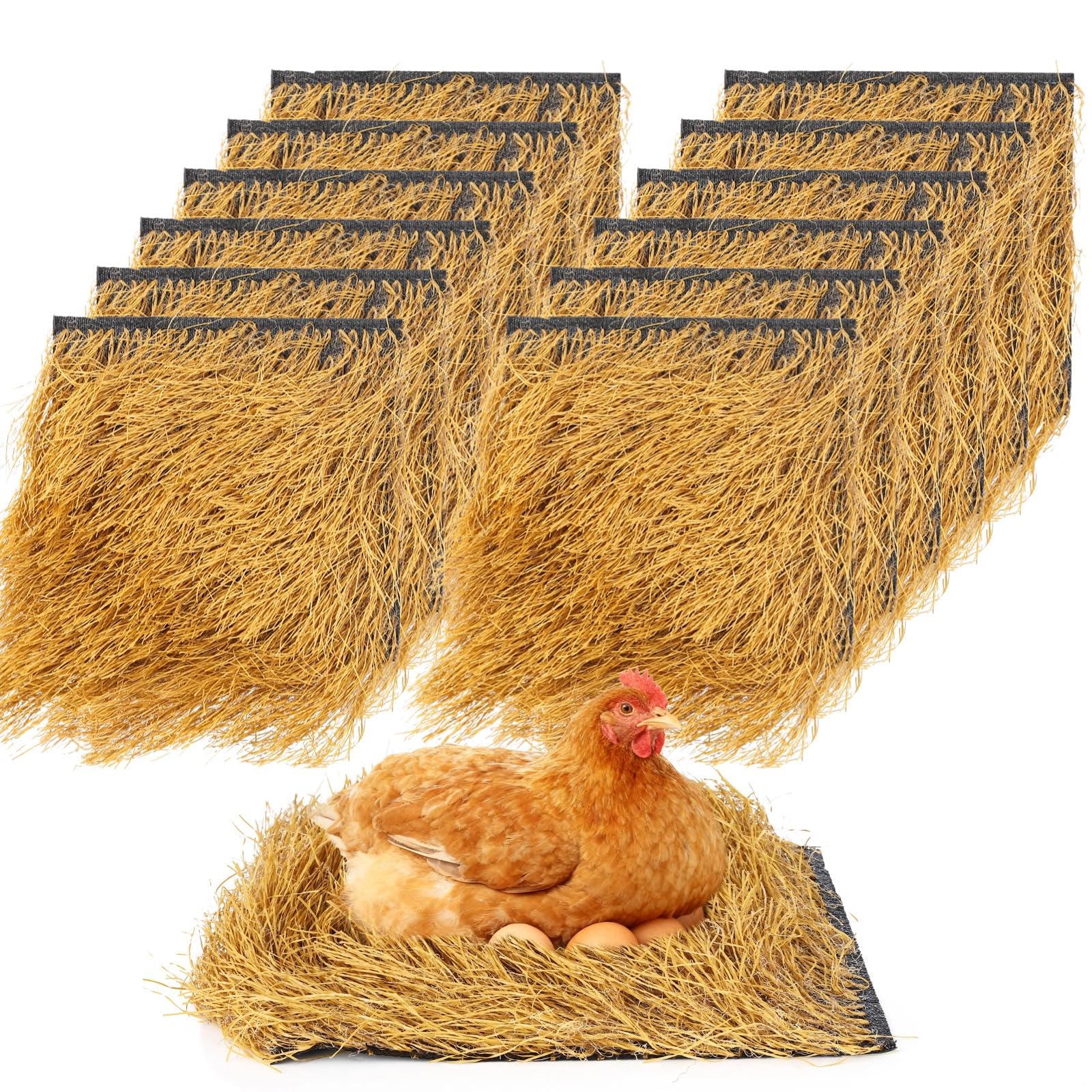 12 szt. podkładek do lęgowania kurczaków, 12 x 12 sztucznych mat ze słomy, zmywalne, grube, amortyzowane, plastikowe wkładki do skrzynek lęgowych, wielokrotnego użytku, nadające się do cięcia, dla kur