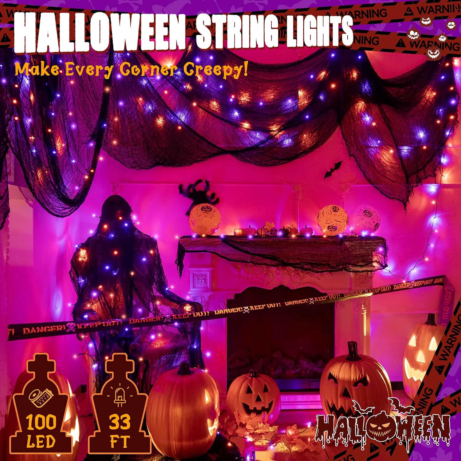 Ollny Halloween Lights Outdoor, 100 LED 33FT Orange and Purple Halloween Decorations with 8 Modes Timer, Plug in String Lights for Indoor Bedroom Home Party Outside image 2