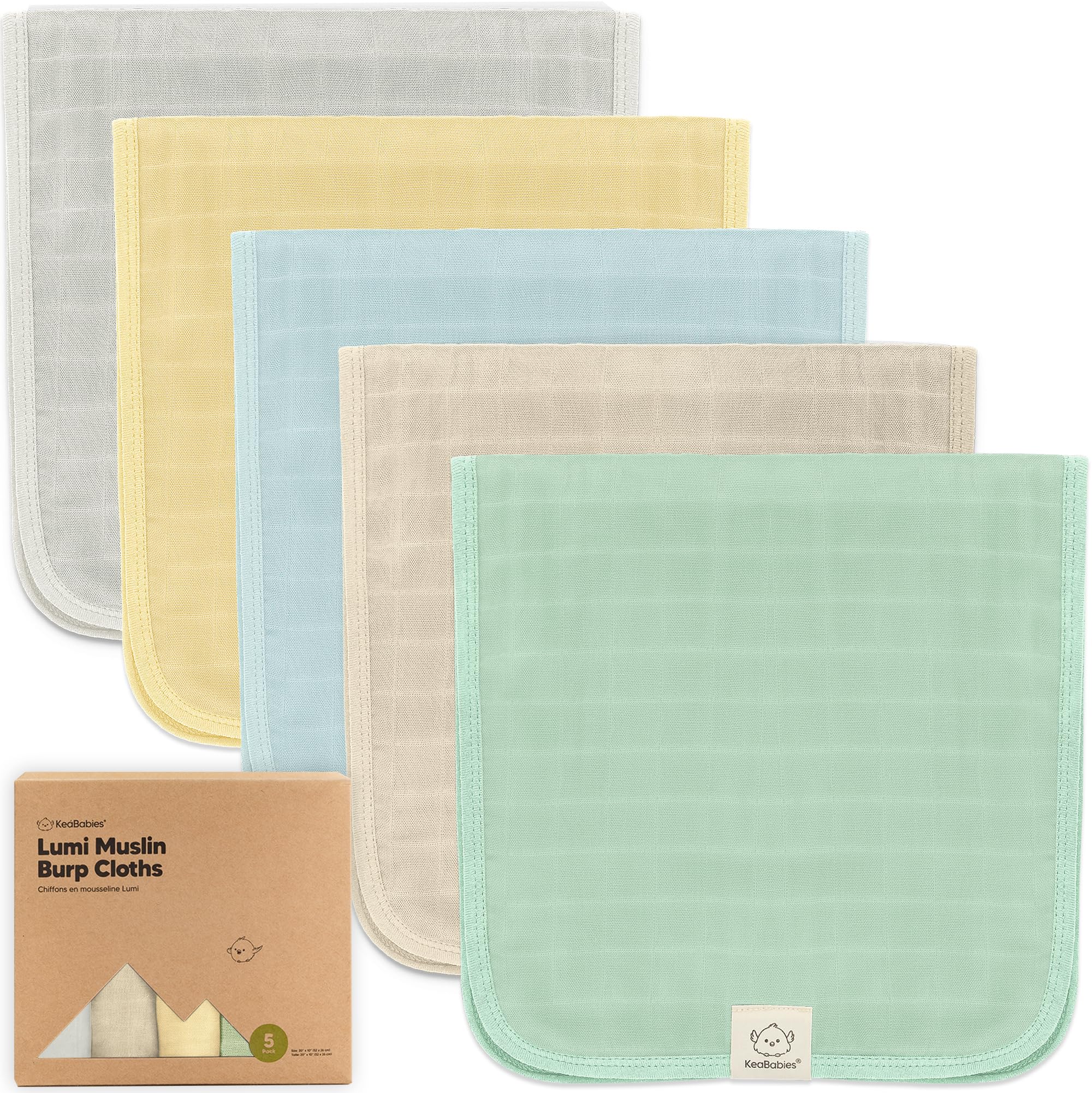 KeaBabies Cotton Muslin Burp Cloths Baby Boy, Girl - 5-Pack Soft & Absorbent Burping Cloth for Babies, Large Baby Towels & Washcloths for Newborn,