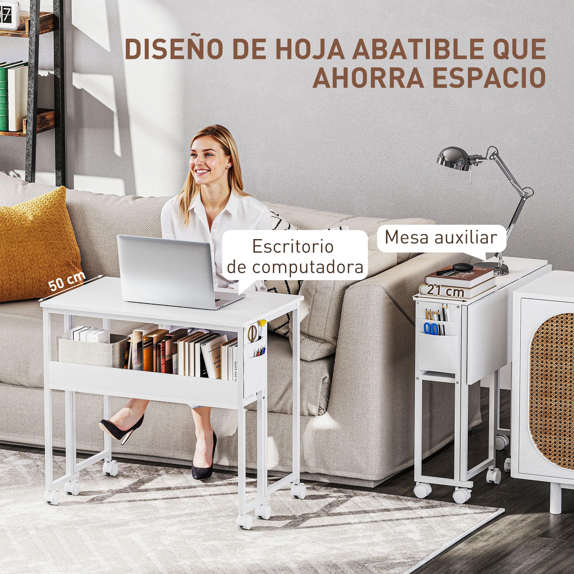 HOMCOM Escritorio Plegable con Ruedas y Estante Casa 80x50x75 cm Blanco | Mesa Escritorio Compacta, Bolsillo de Almacenaje, Mesa de Ordenador Portátil, Oficina, Espacios Pequeños