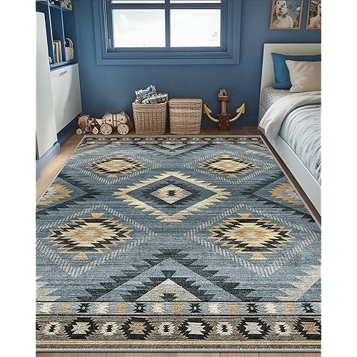 Area Rug 6x9 Rug Machine Washable Rug Non-Slip Low Pile Print Pattern Western Rug for Living Room Bedroom Entryway Tribal Series -Navy/Grey