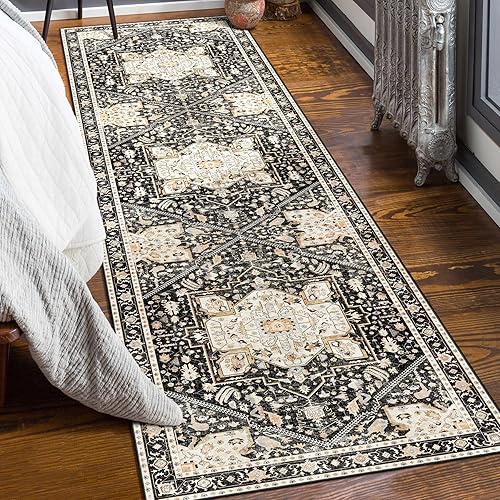 Miniatura 28 de MUJOO Alfombra Pequeña Negra Lavable, Alfombras Boho para Baño, Entrada, Dormitorio, Tapete de Puerta Delantera de Felpa Suave, Vintage Negro y