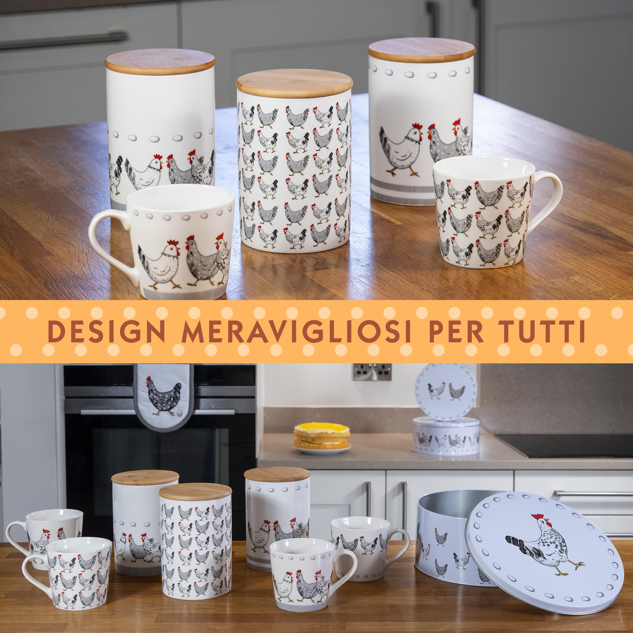 SPOTTED DOG GIFT COMPANY Set di 3 Scatole di Latta, Contenitori Impilabili per Biscotti in Metallo, Barattoli di Latta Rotondi Ermetici per Conservare Torte e Alimenti, Piccoli Medi Grandi - Galline