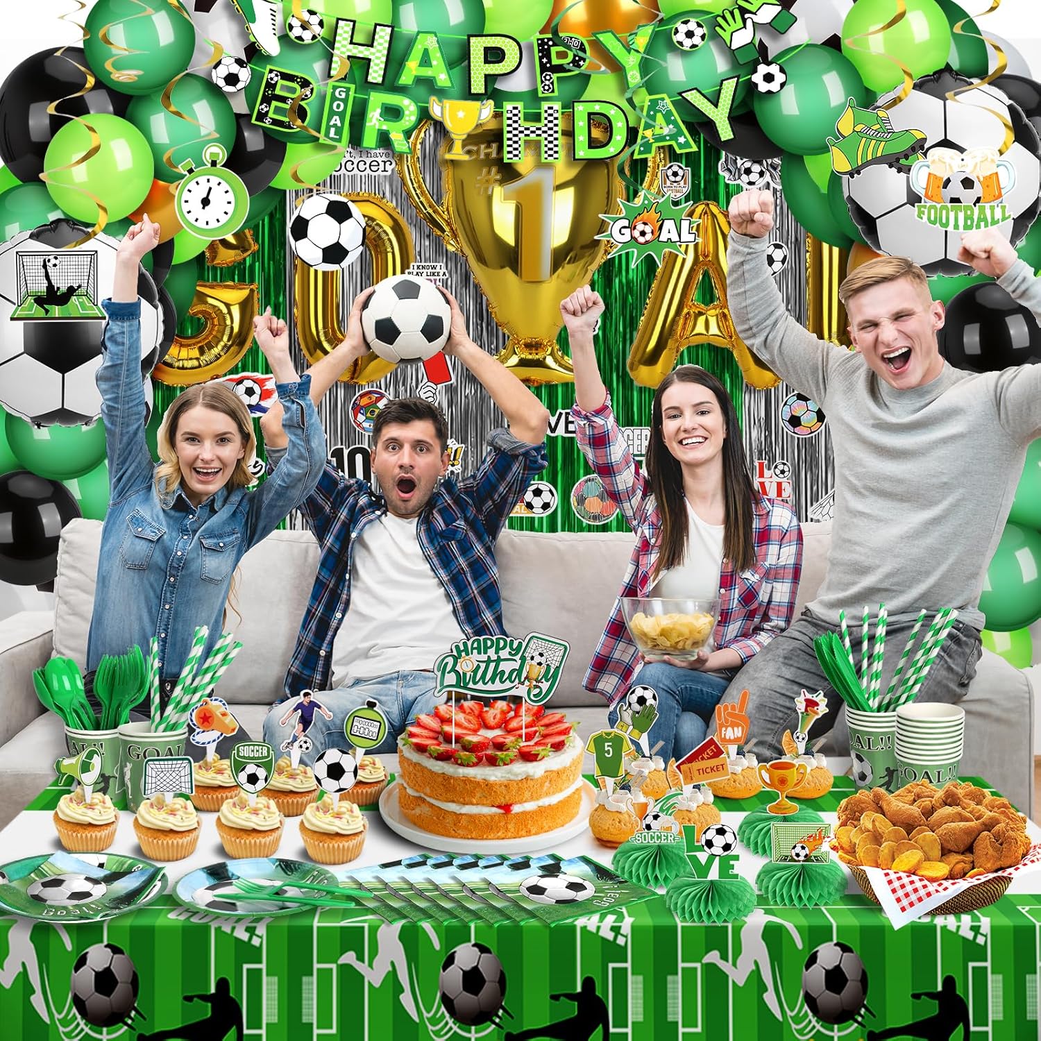 Soccer Party Decorations, 255PCS Green Soccer Birthday Party Supplies Including Tablecloth Curtains Happy Birthday Banner Plates Napkins Cake Topper Latex Balloons Foil Balloons (Green) - Image 4