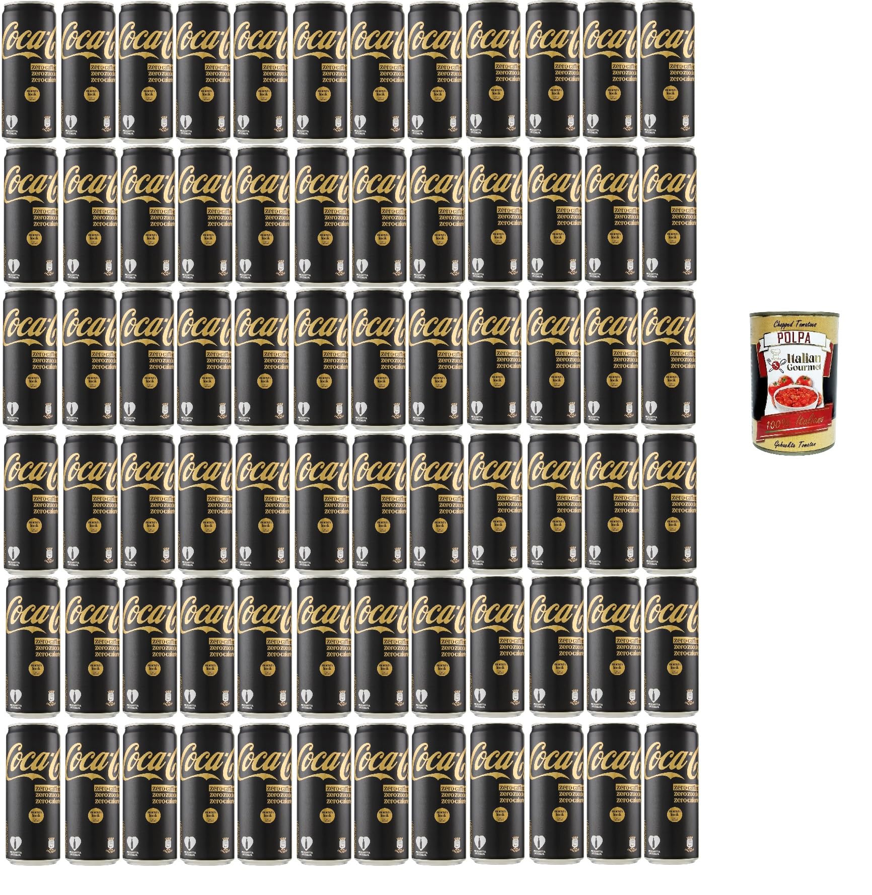 Italian Gourmet Bundle Cola Zero Koffein 72x330ml + Italian Gourmet Polpa – 72 Dosen Erfrischungsgetränk ohne Zucker, koffeinfrei, kalorienarm, 23,76L Vorratspack, Softdrink Dosen für Party, Büro