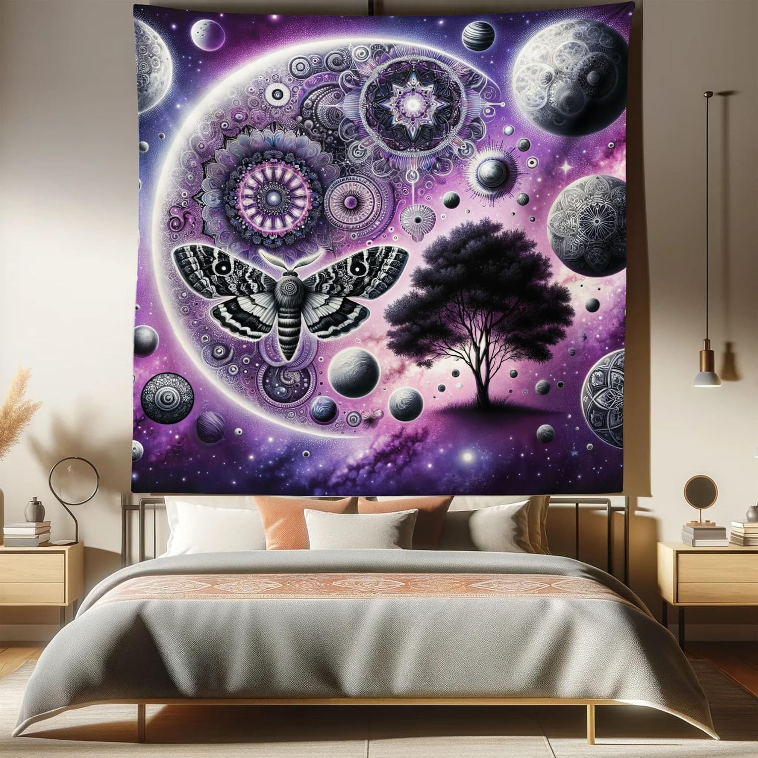 Ambesonne Purple Tapestry Queen Size, Moth Mandala and Abstract Folk Ornamental Planets with a Tree Outer Space, Wall Hanging Bedspread Bed Cover Wall Decor, 88" X 88", Quartz Pale Pink Grey
