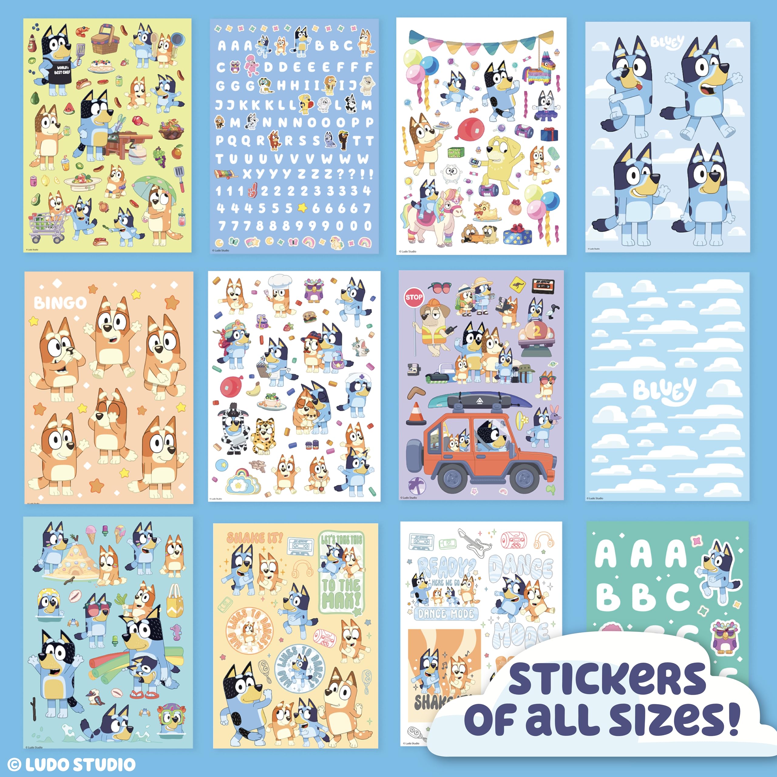 Libro de pegatinas Bluey 1500+, incluye pegatinas de papel para cartas, azul, bingo, bandido, chile y más, tamaños grandes y pequeños, gran papelería infantil