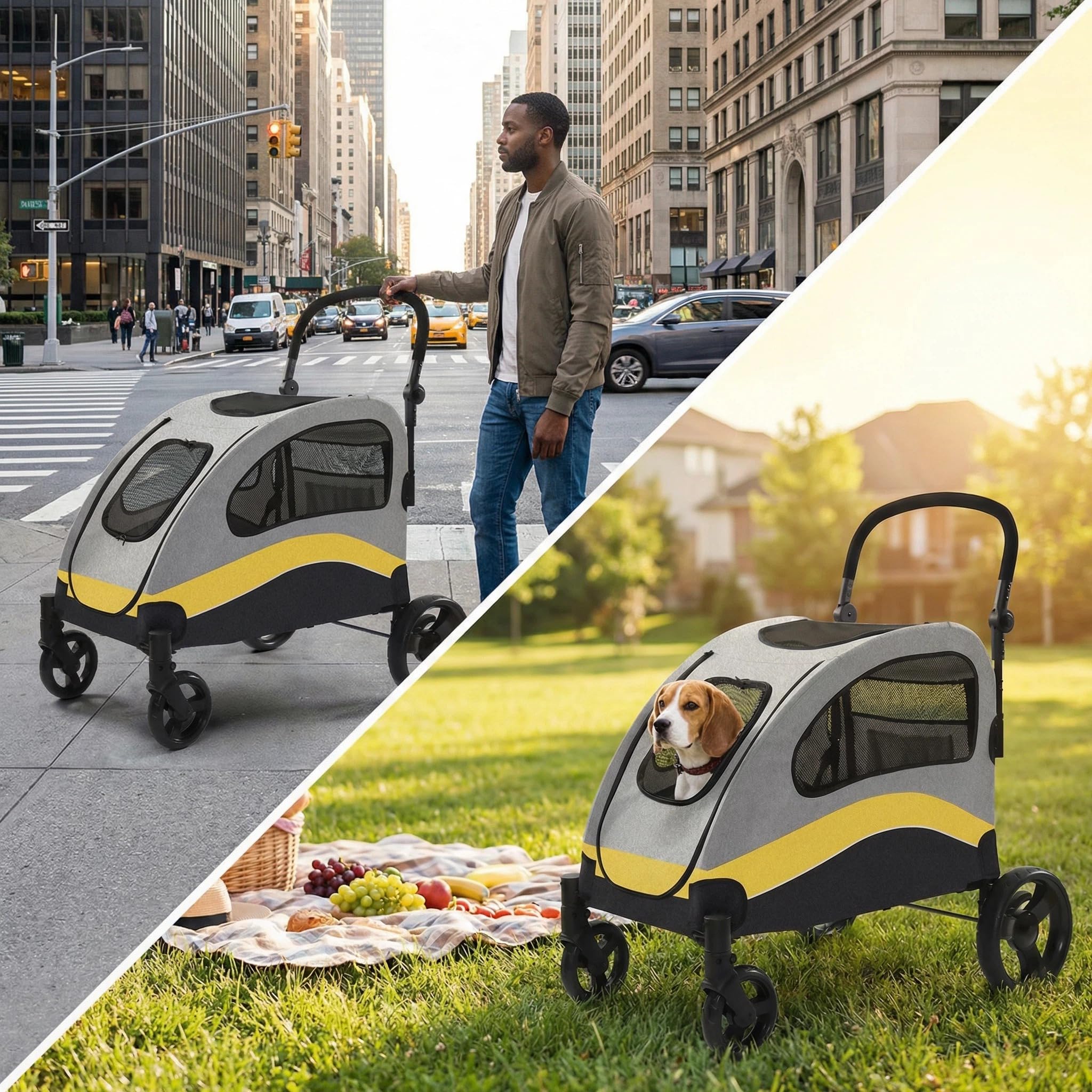 Garvee Poussette robuste pour grand chien jusqu'à 72 kg – Chariot tout-terrain pliable, roues 360°, double entrée, maille respirante, poignée réglable, rangement facile à laver – Jaune, 90×73×108cm