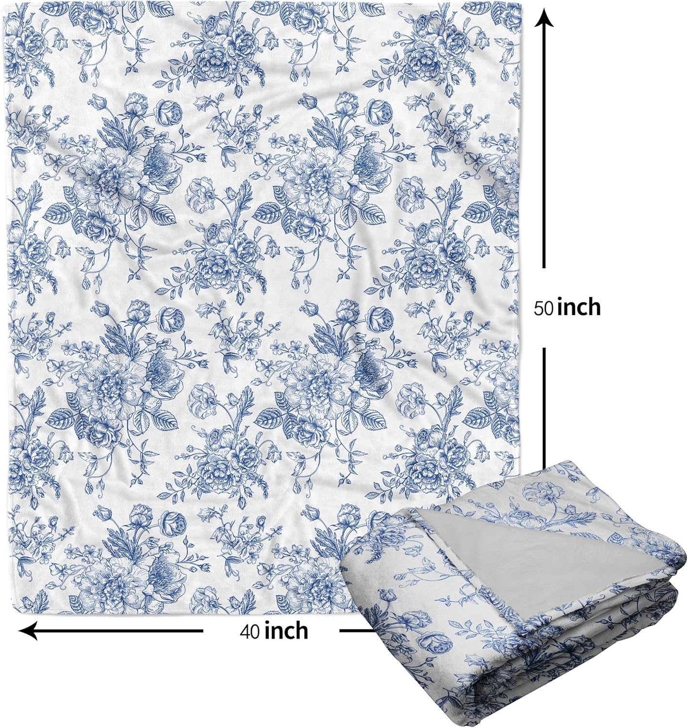 Blue Floral Blanket 50"x40" Blue and White Vintage Flower Pattern Design Print Throw Blanket Lightweight Warm Soft Blanket Farmhouse Seasonal Decor for Home Living Room Sofa Couch Bed - Image 3