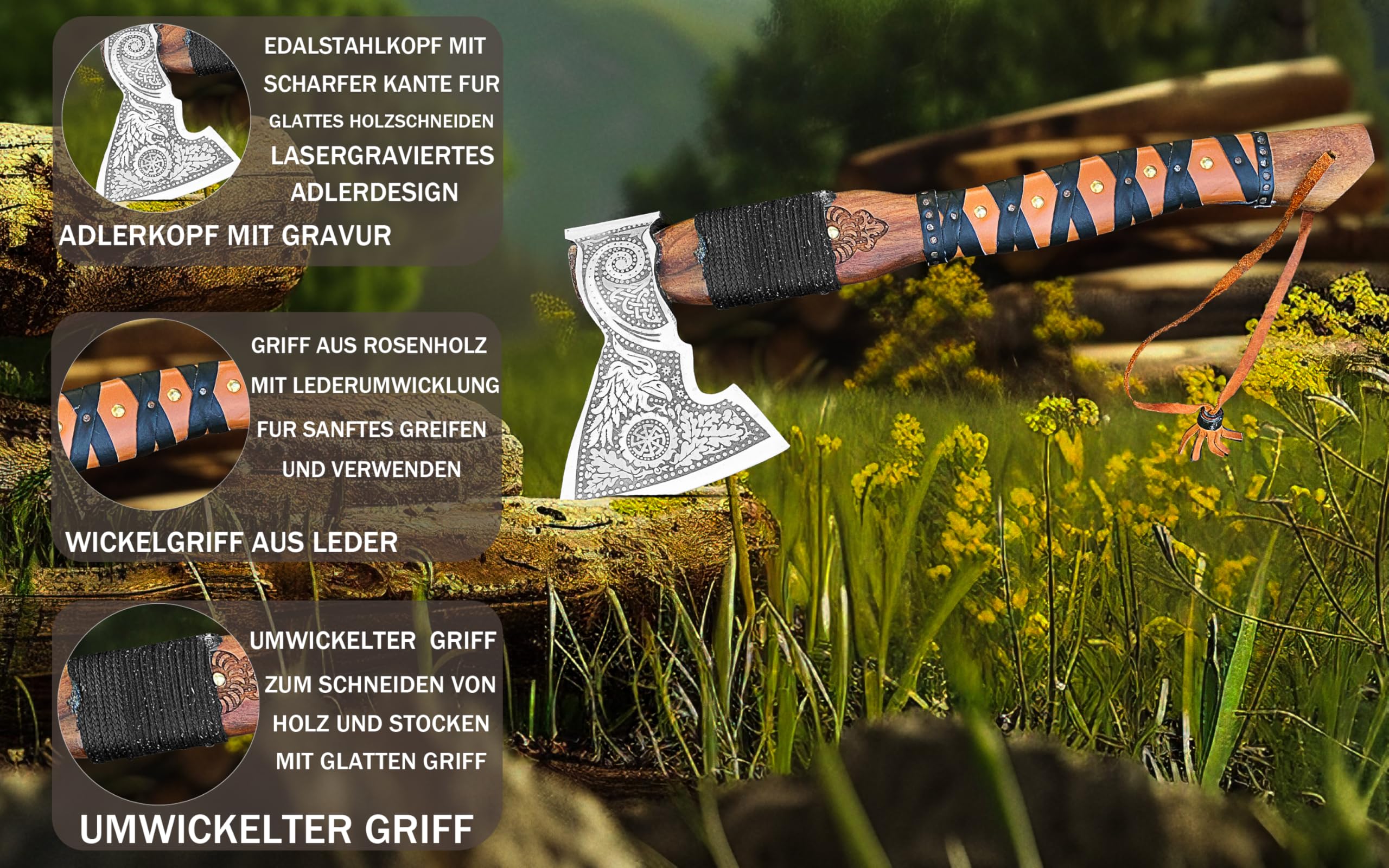 Novahaven Falkir – Hacha de lujo forjada a mano al aire libre de acero inoxidable con grabado, mango de palo de rosa y funda de cuero – Hacha de camping estilo vikingo, hacha de bushcraft, idea de