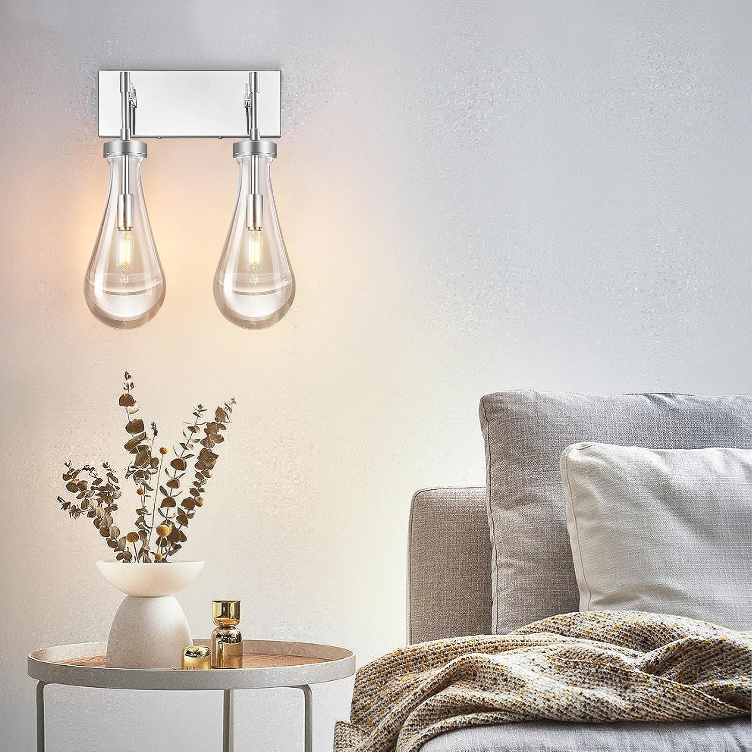 Raindrop Wall Sconces Chrome Crystal Sconces Wall Decor Modern Lighting Glass Bathroom Sconces Indoor Vanity Light Wall Lamp for Bedroom Living Room Stair(2-Light)