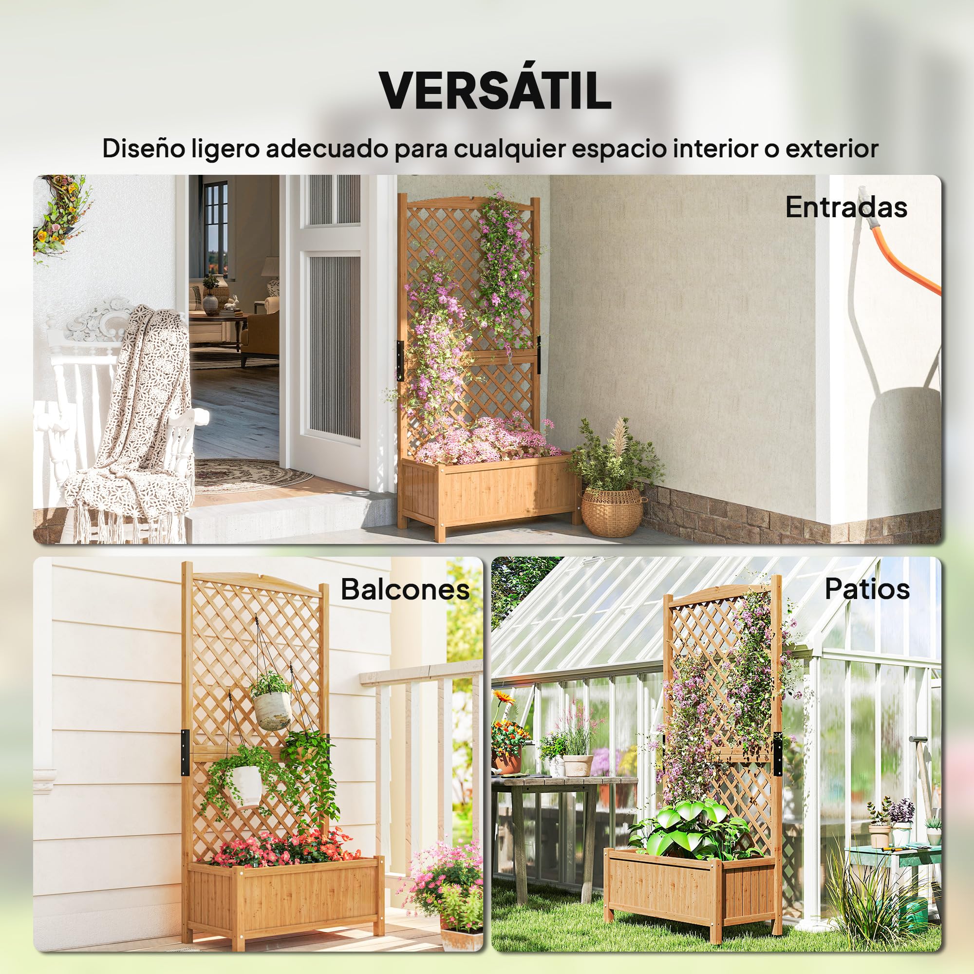Outsunny Arriate de Jardín con Enrejado Jardinera con Celosía Macetero con Soporte para Trepadora Cultivos Plantas Flores para Exterior Patio Terraza Balcón 90x45x180 cm Natural