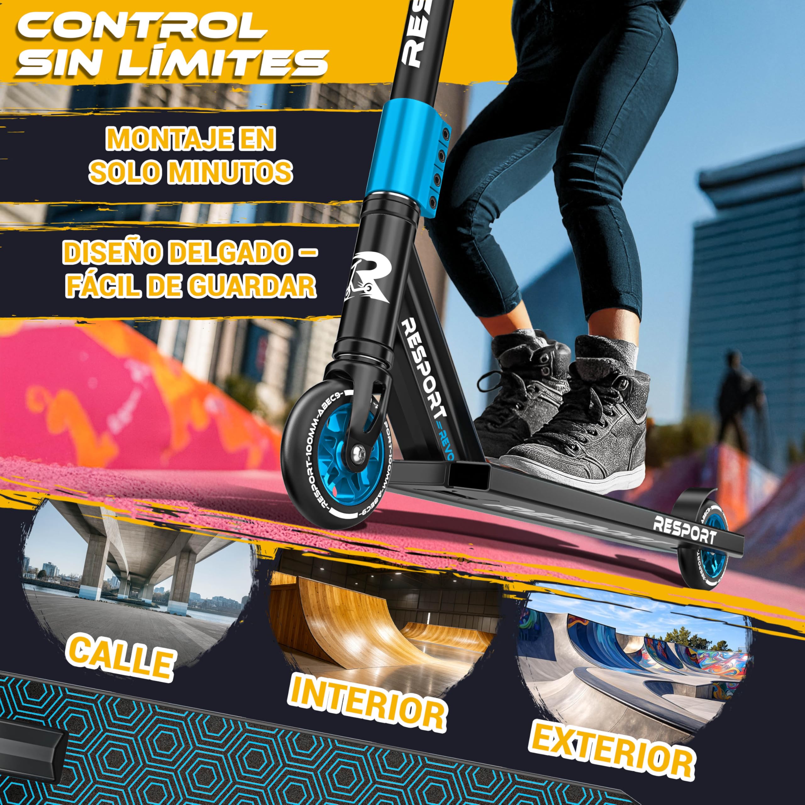 RE:SPORT Patinete de acrobacias Revo para niños y adultos con soporte, patinete profesional de 100 mm, ruedas de poliuretano y barra en Y, patinete de acrobacias, patinete ABEC 9, rodamientos de bolas